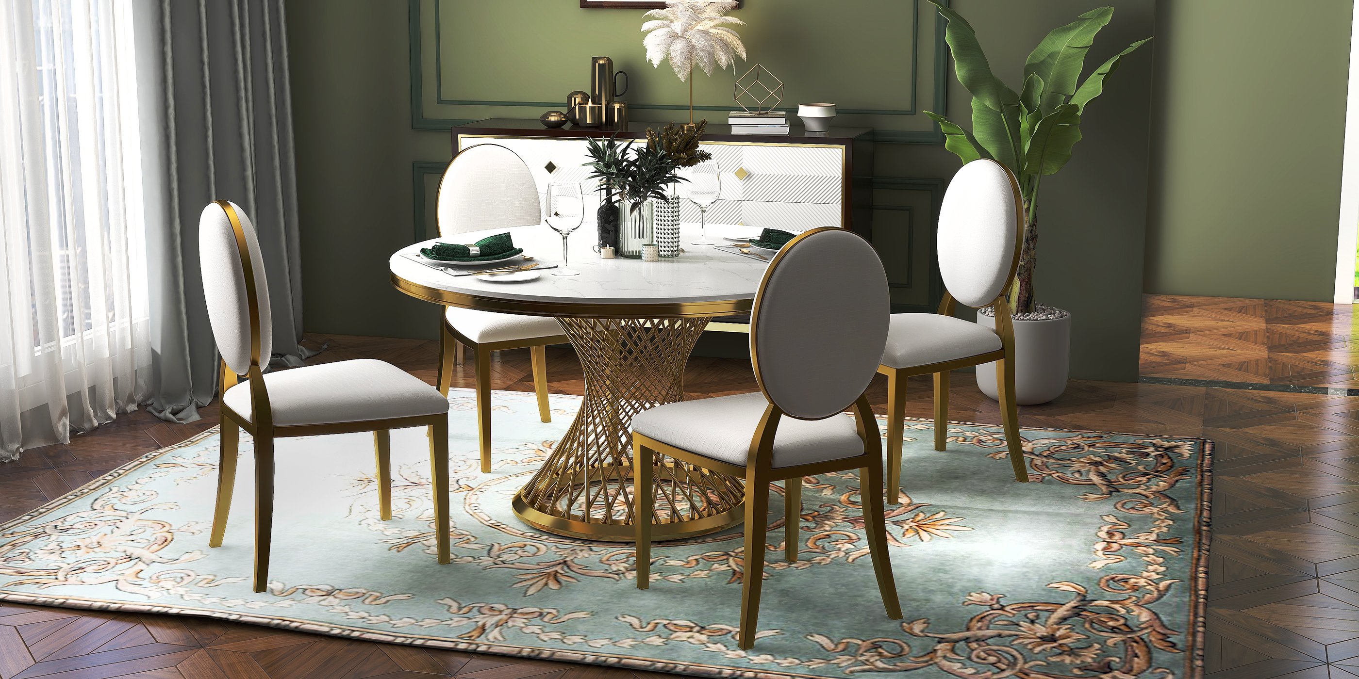 HMR - Round Dining Table with Stainless Steel Pedestal in 51"Dia, Marble, Gold