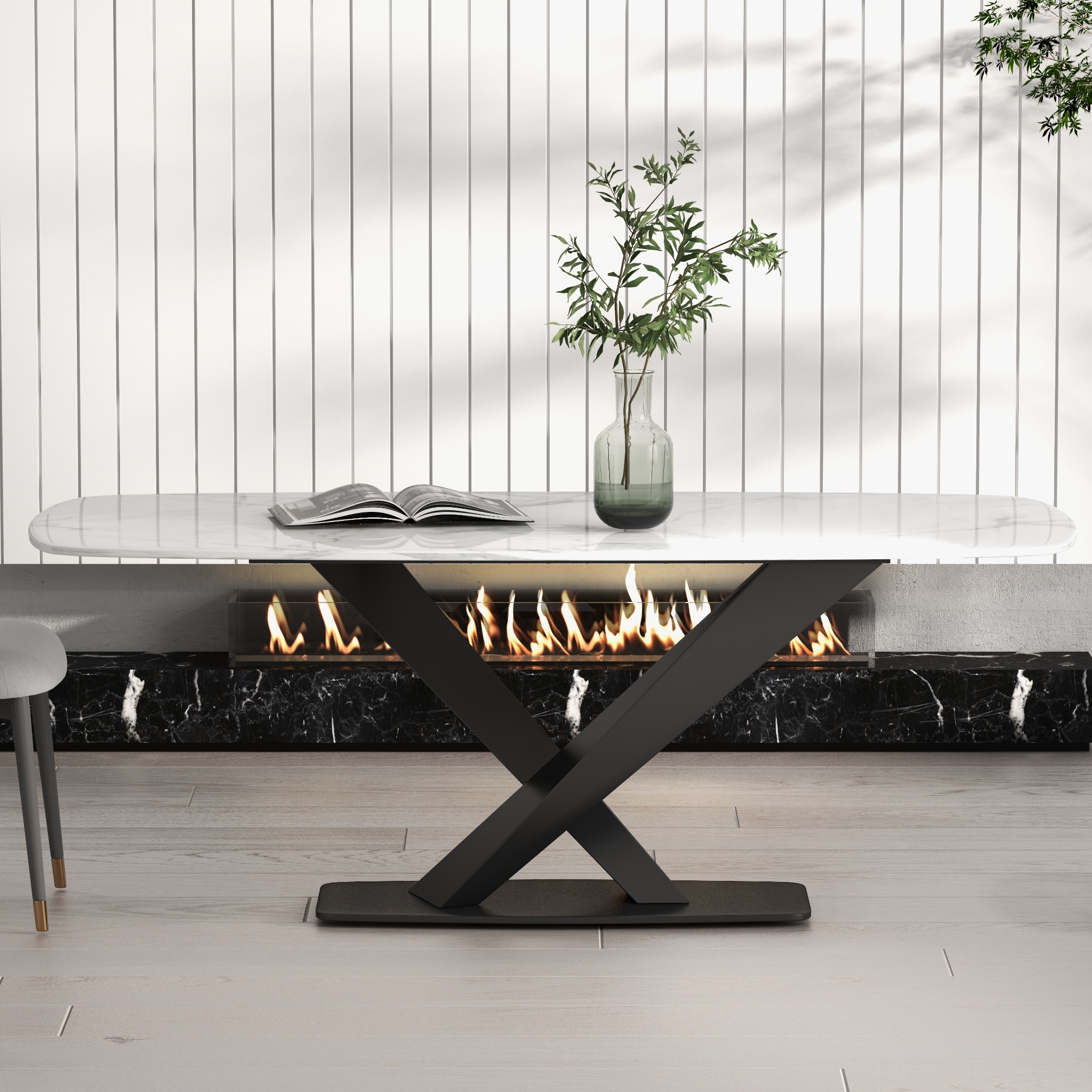 HMR - Modern 78.7" Rectangle Dining Table for 6-8 People in Black, Sintered Stone