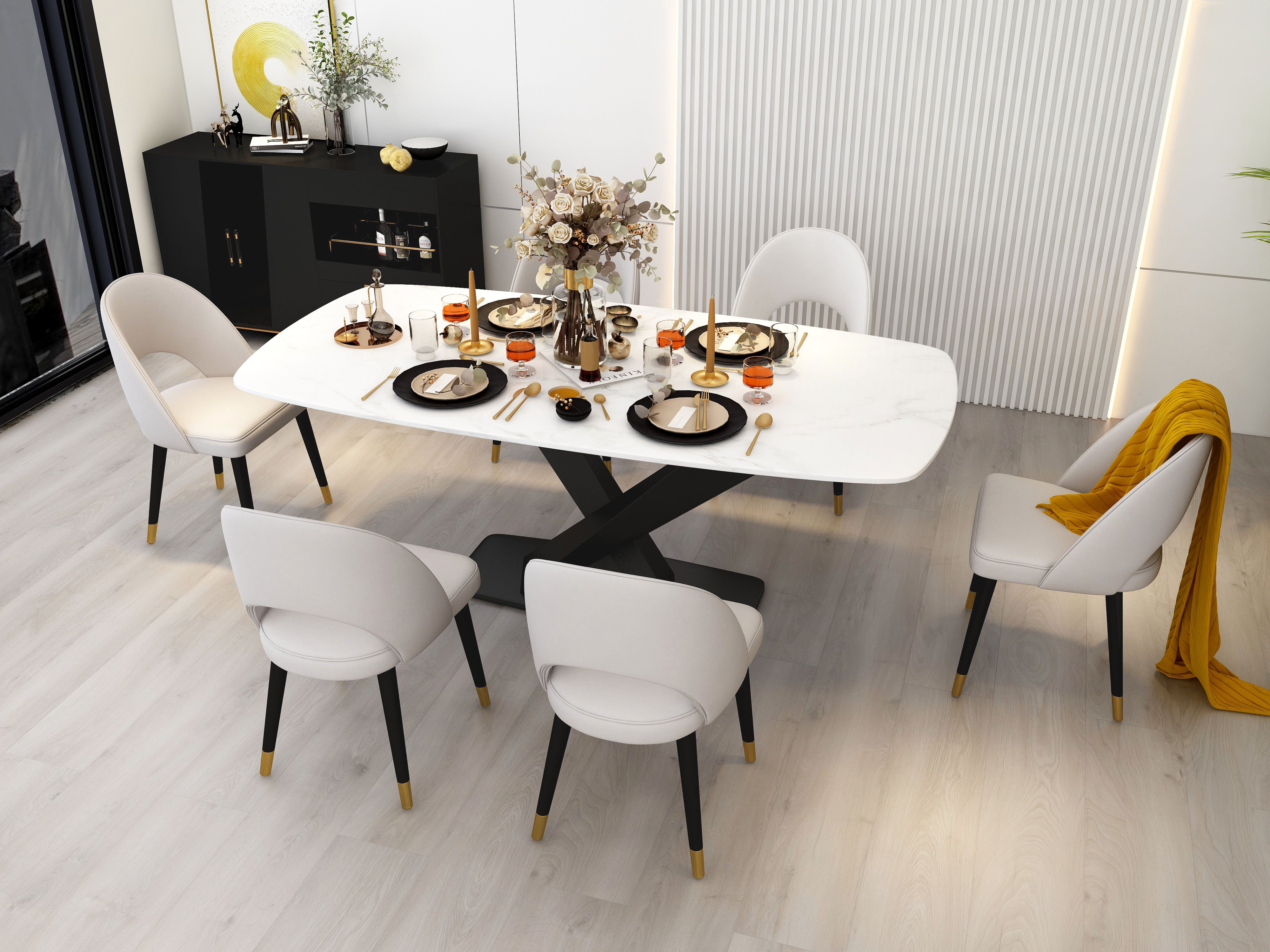 HMR - Modern 78.7" Rectangle Dining Table for 6-8 People in Black, Sintered Stone