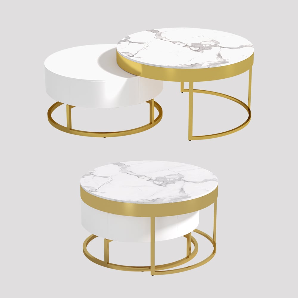 HMR Nesnesis Series Modern Round Nesting Coffee Table with Drawers - White
