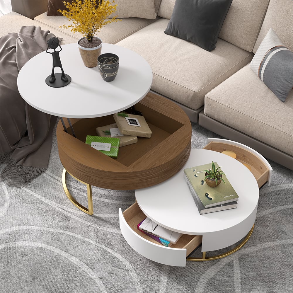 HMR Nesnesis Series Modern Round Nesting Coffee Table with 2 Drawers - White/Walnut