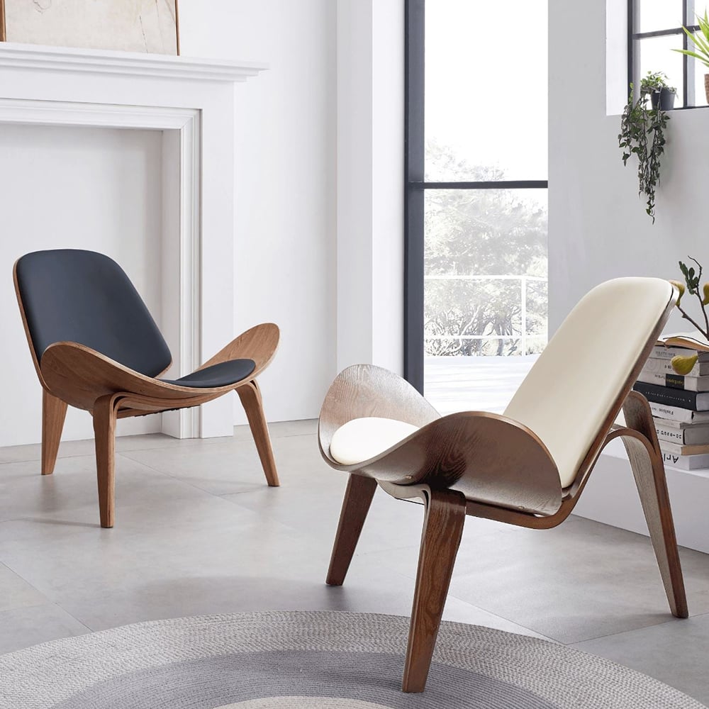 HMR Leather Walnut Tripod Accent Chair - Black