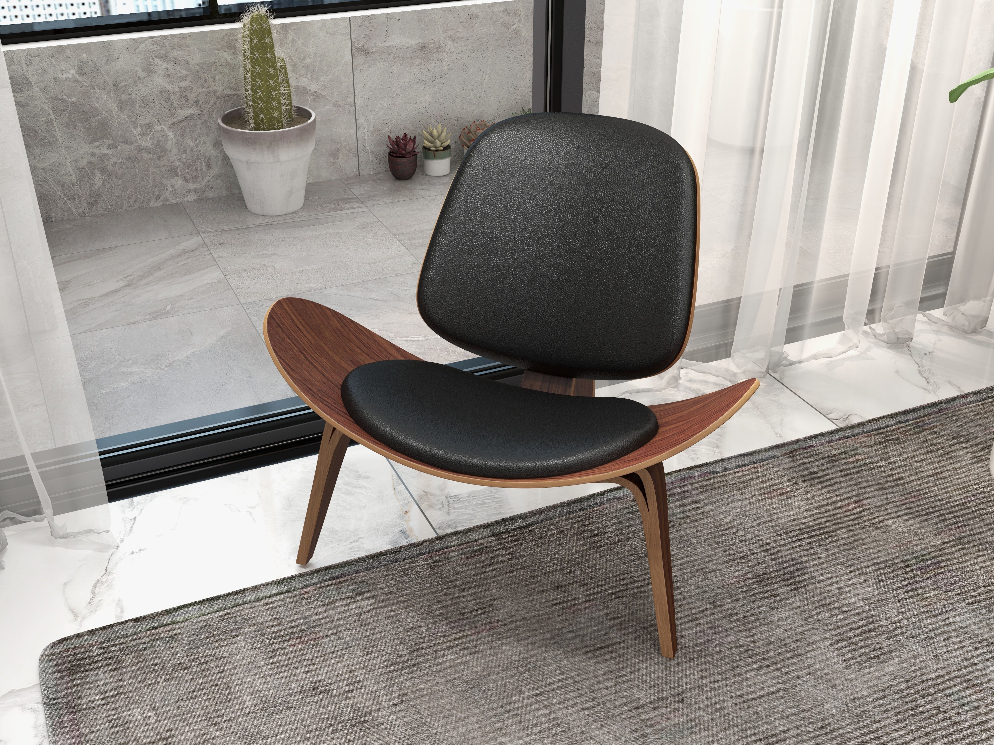 HMR Leather Walnut Tripod Accent Chair - Black