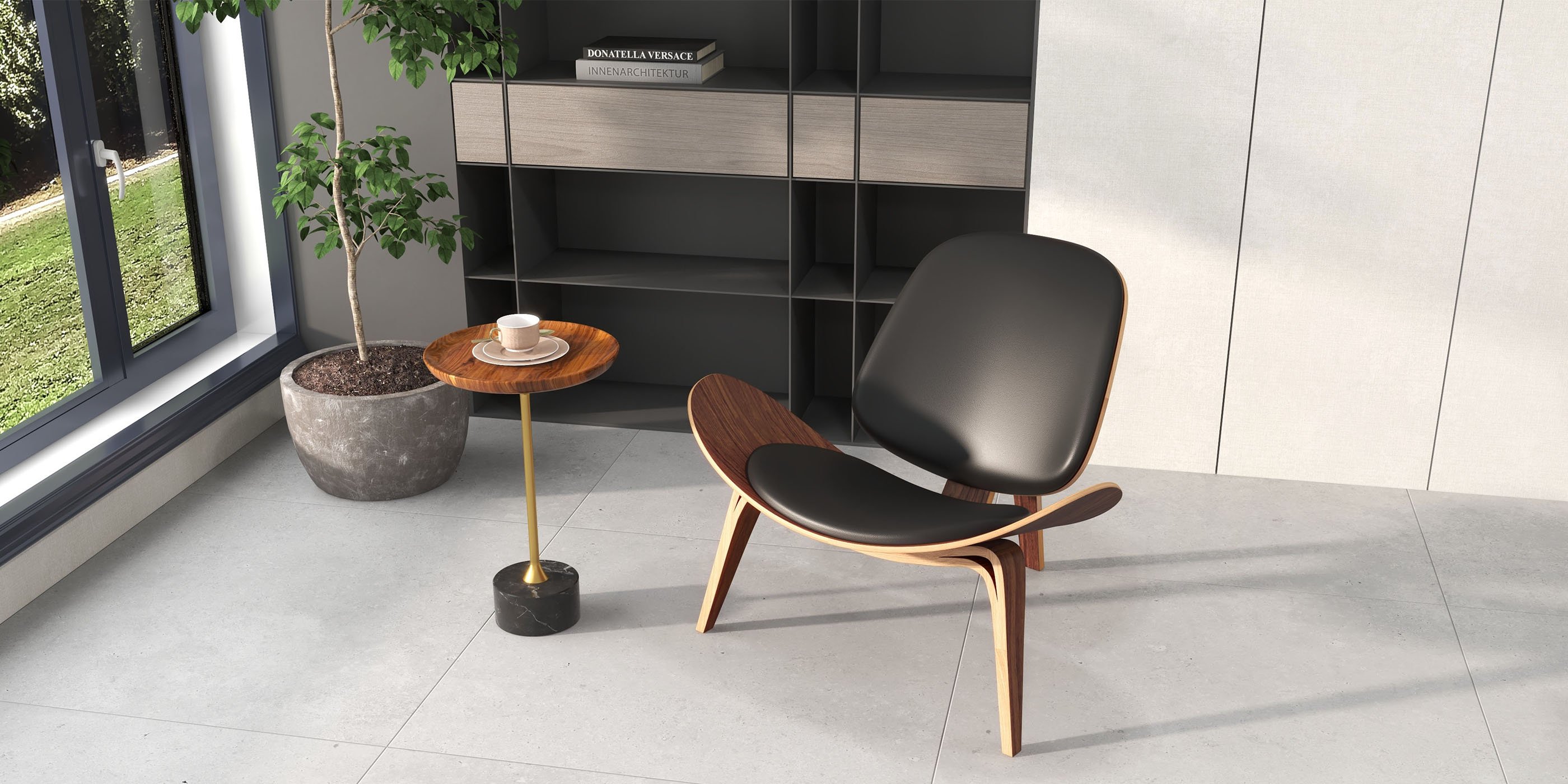 HMR Leather Walnut Tripod Accent Chair - Black