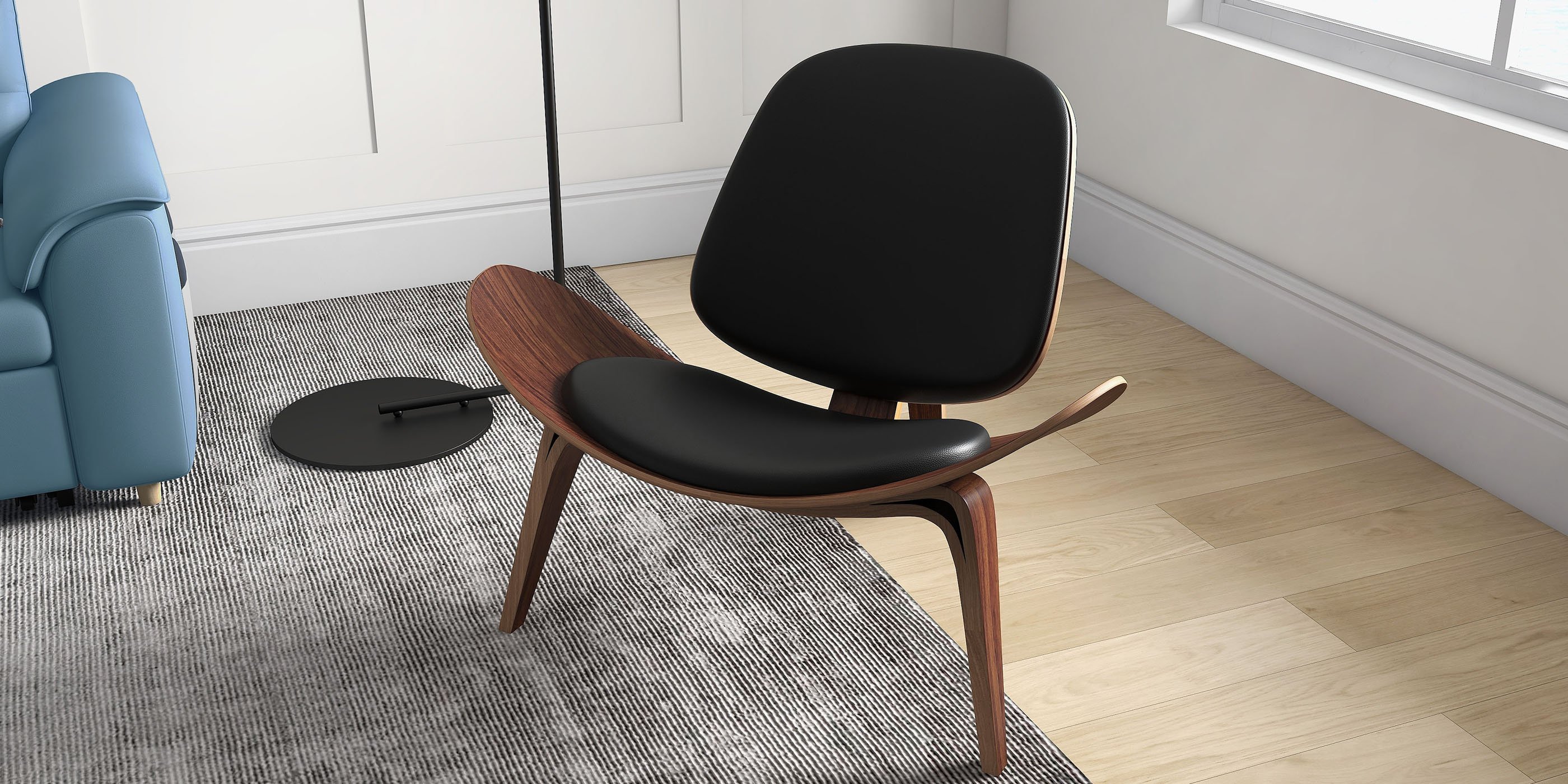 HMR Leather Walnut Tripod Accent Chair - Black