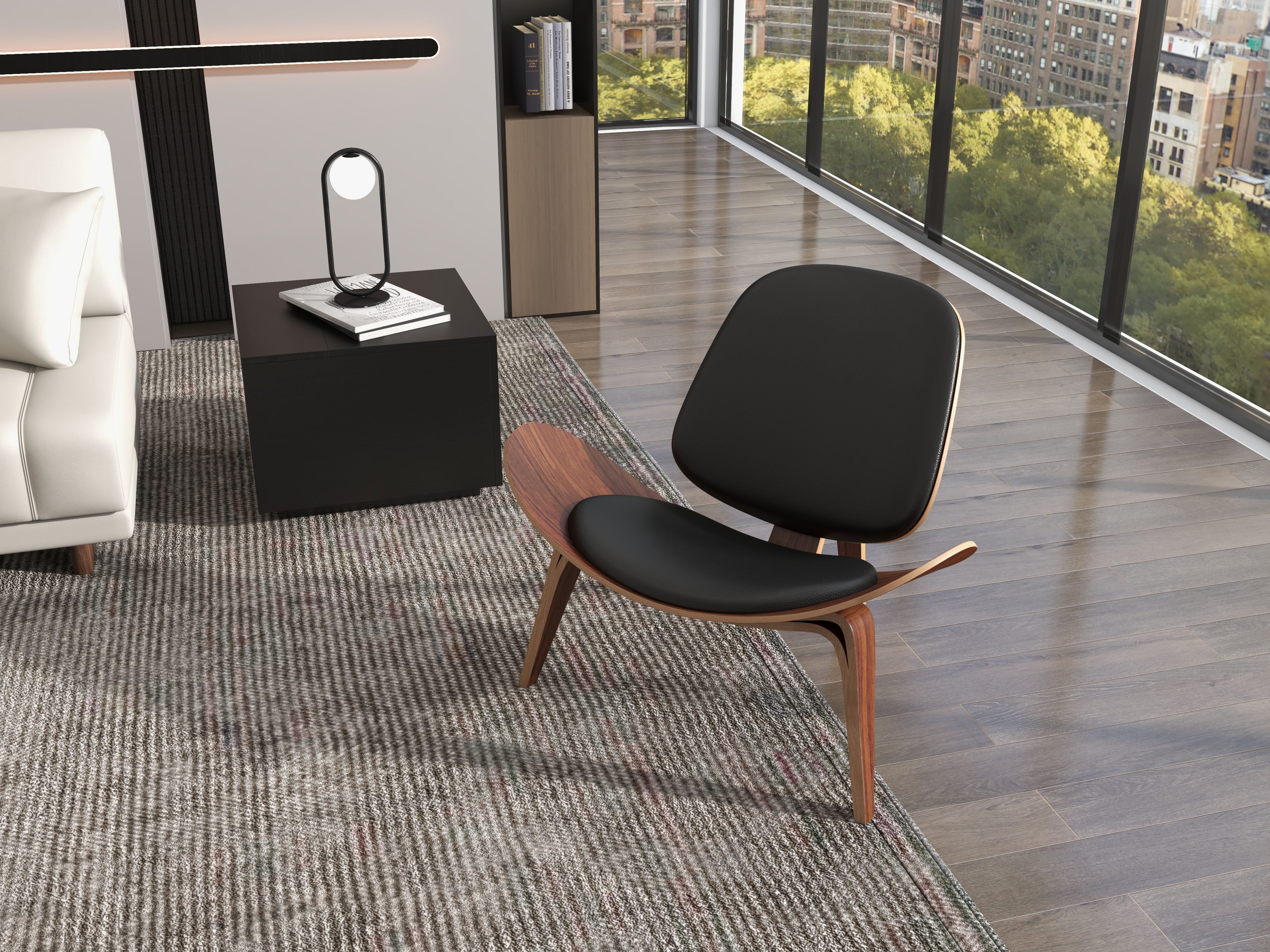 HMR Leather Walnut Tripod Accent Chair - Black