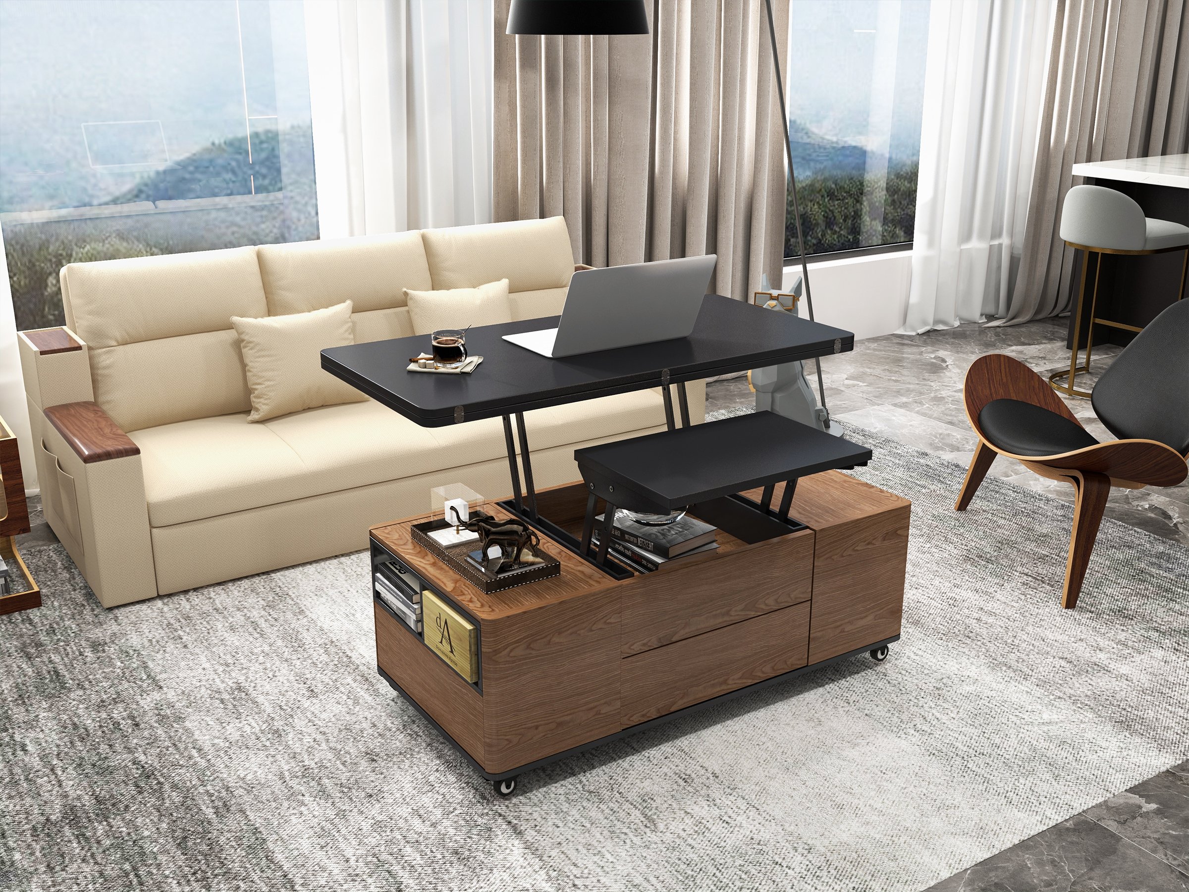 HMR Leather Walnut Tripod Accent Chair - Black