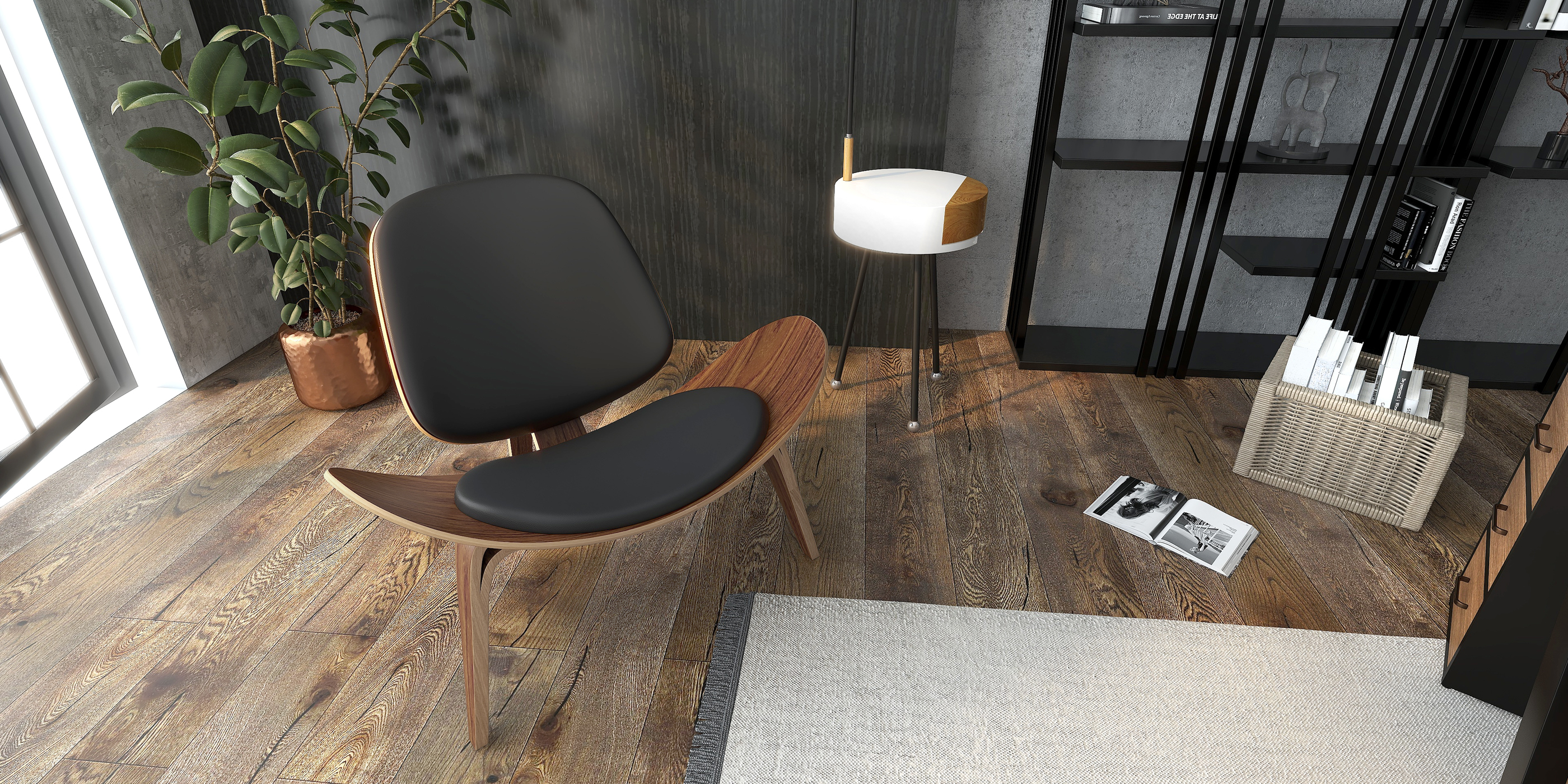 HMR Leather Walnut Tripod Accent Chair - Black