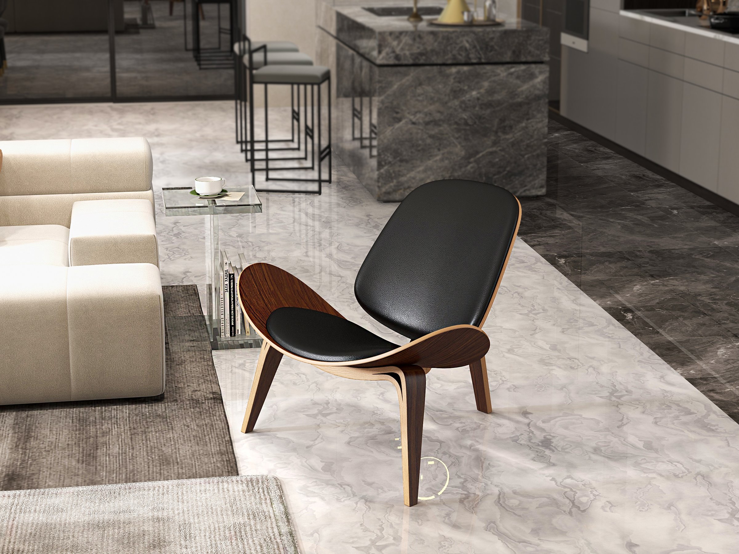 HMR Leather Walnut Tripod Accent Chair - Black