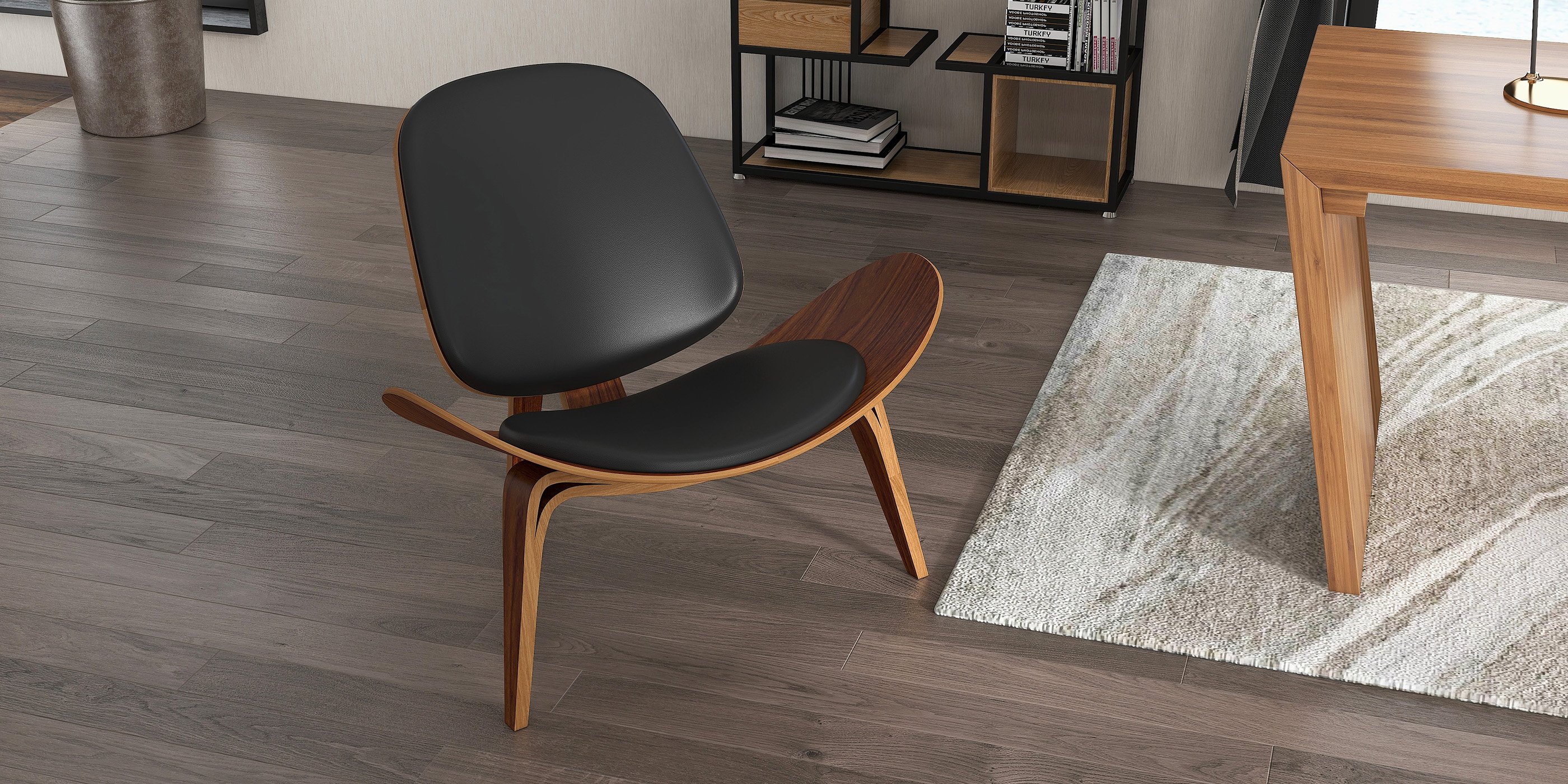 HMR Leather Walnut Tripod Accent Chair - Black