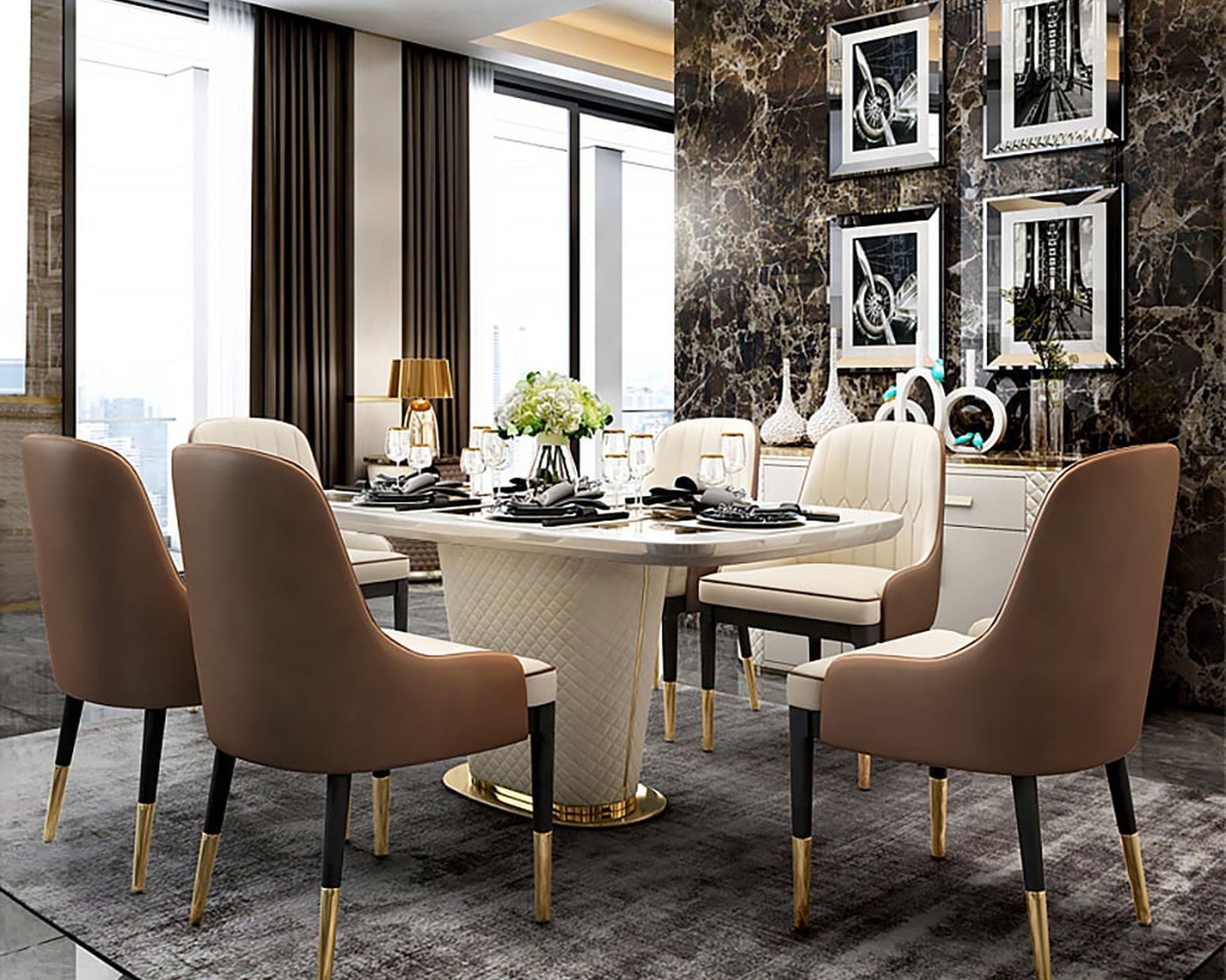 HMR - Rectangular Pedestal Dining Table PU Leather in 63"L, Gold