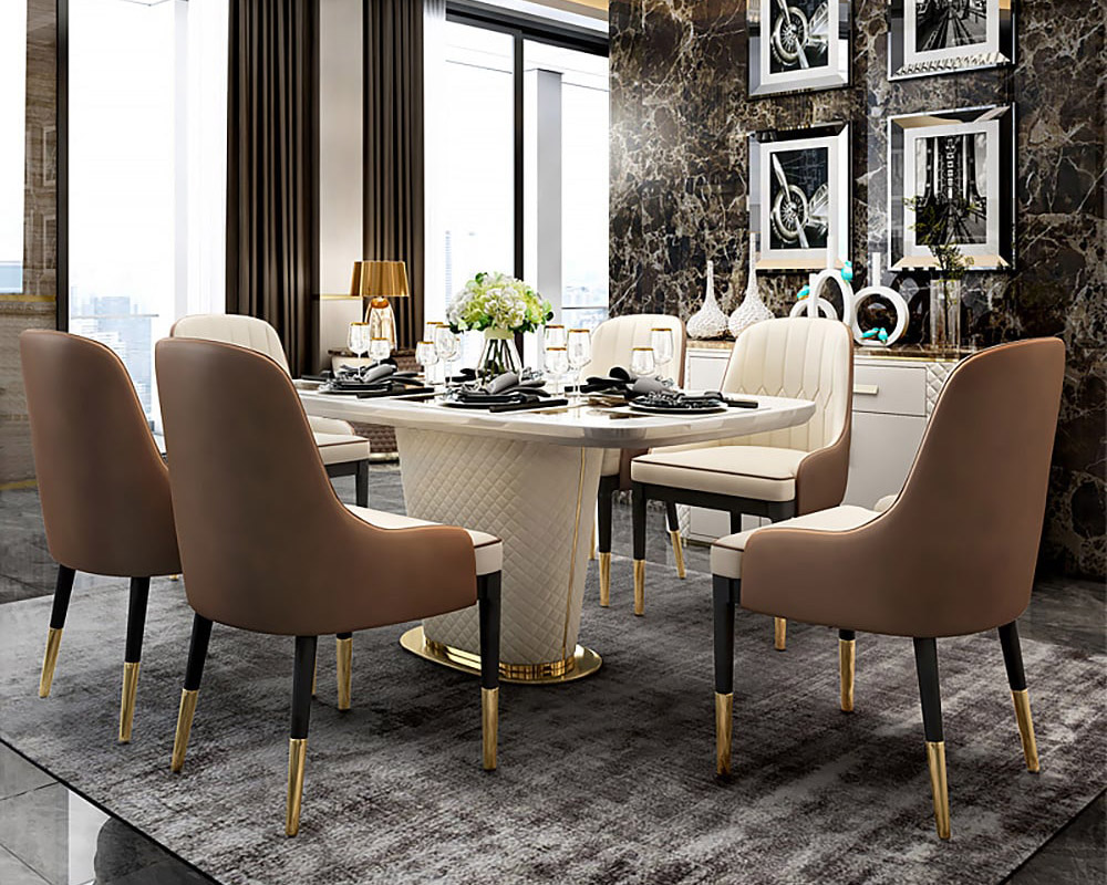 HMR - Rectangular Pedestal Dining Table PU Leather in 63"L, Gold