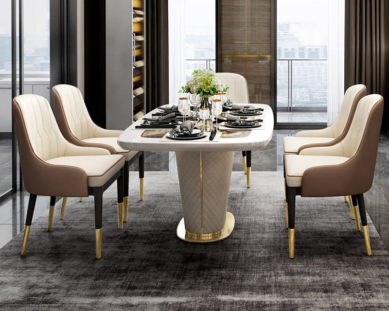 HMR - Rectangular Pedestal Dining Table PU Leather in 63"L, Gold