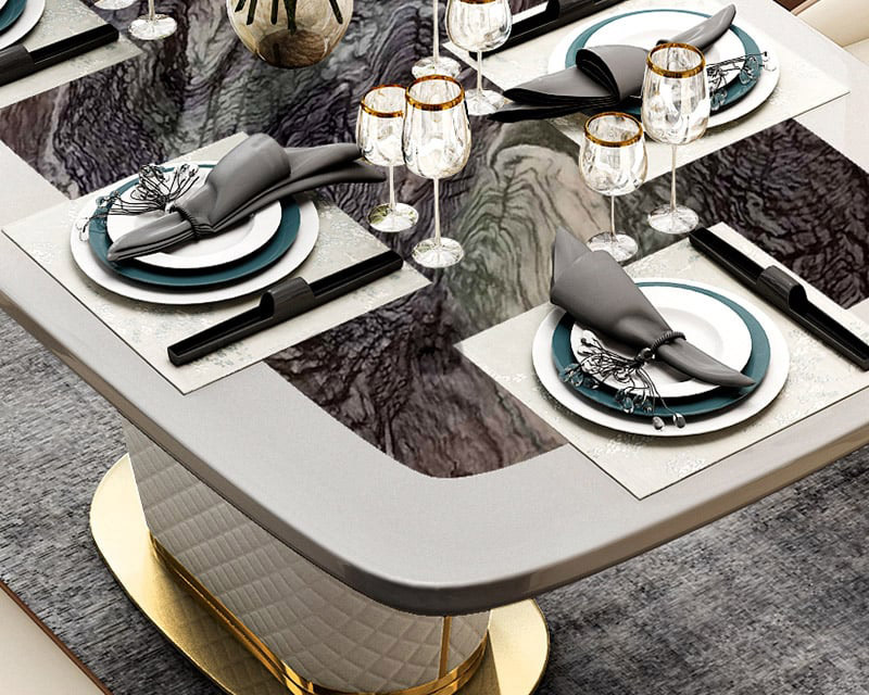 HMR - Rectangular Pedestal Dining Table PU Leather in 63"L, Gold