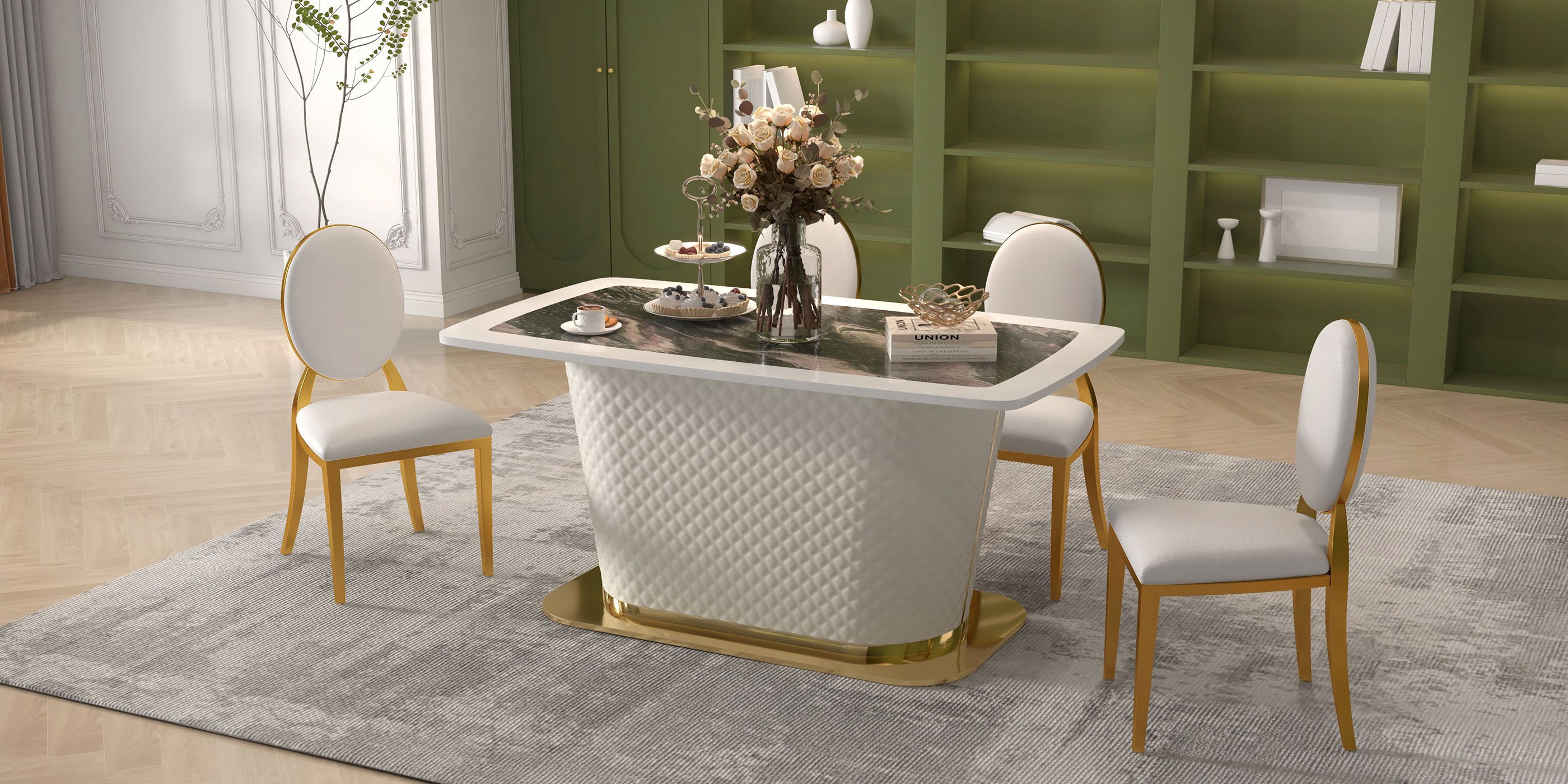 HMR - Rectangular Pedestal Dining Table PU Leather in 63"L, Gold