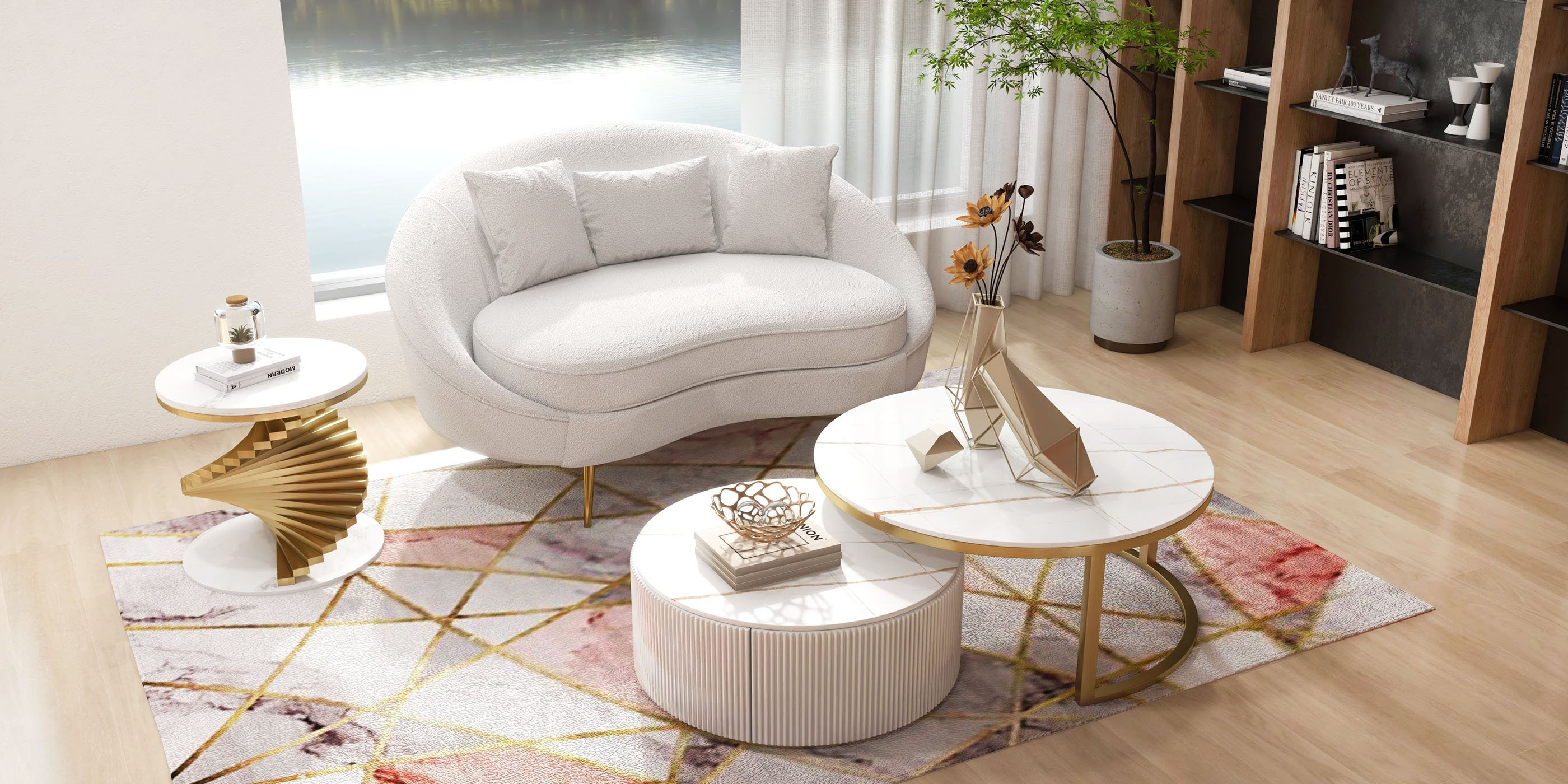 HMR Modern 63" Curved Sofa with Boucle Upholstery and Toss Pillow - White