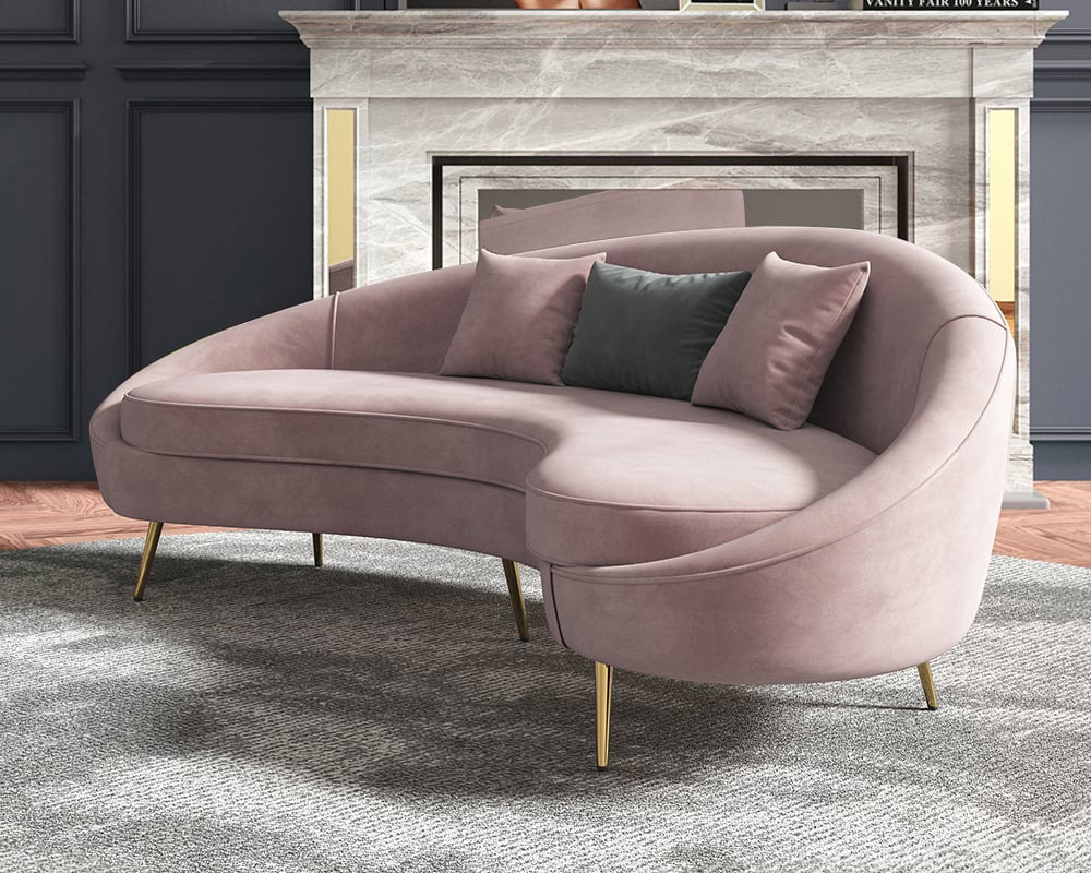 HMR Modern 83" Curved Sofa with Velvet Upholstery and Toss Pillow - Pink