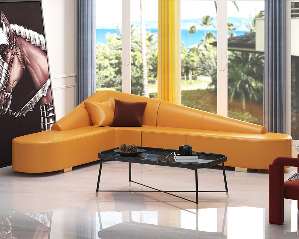 HMR Modern 6-Seater L-Shaped Corner Faux Leather Upholstery Sectional Sofa - Orange