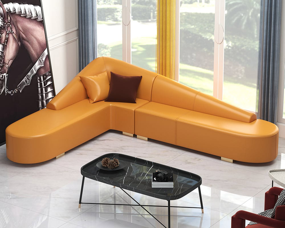 HMR Modern 6-Seater L-Shaped Corner Faux Leather Upholstery Sectional Sofa - Orange