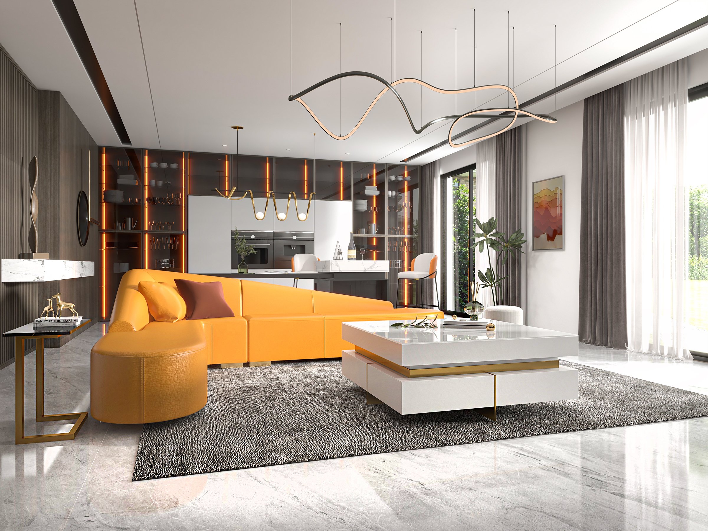 HMR Modern 6-Seater L-Shaped Corner Faux Leather Upholstery Sectional Sofa - Orange