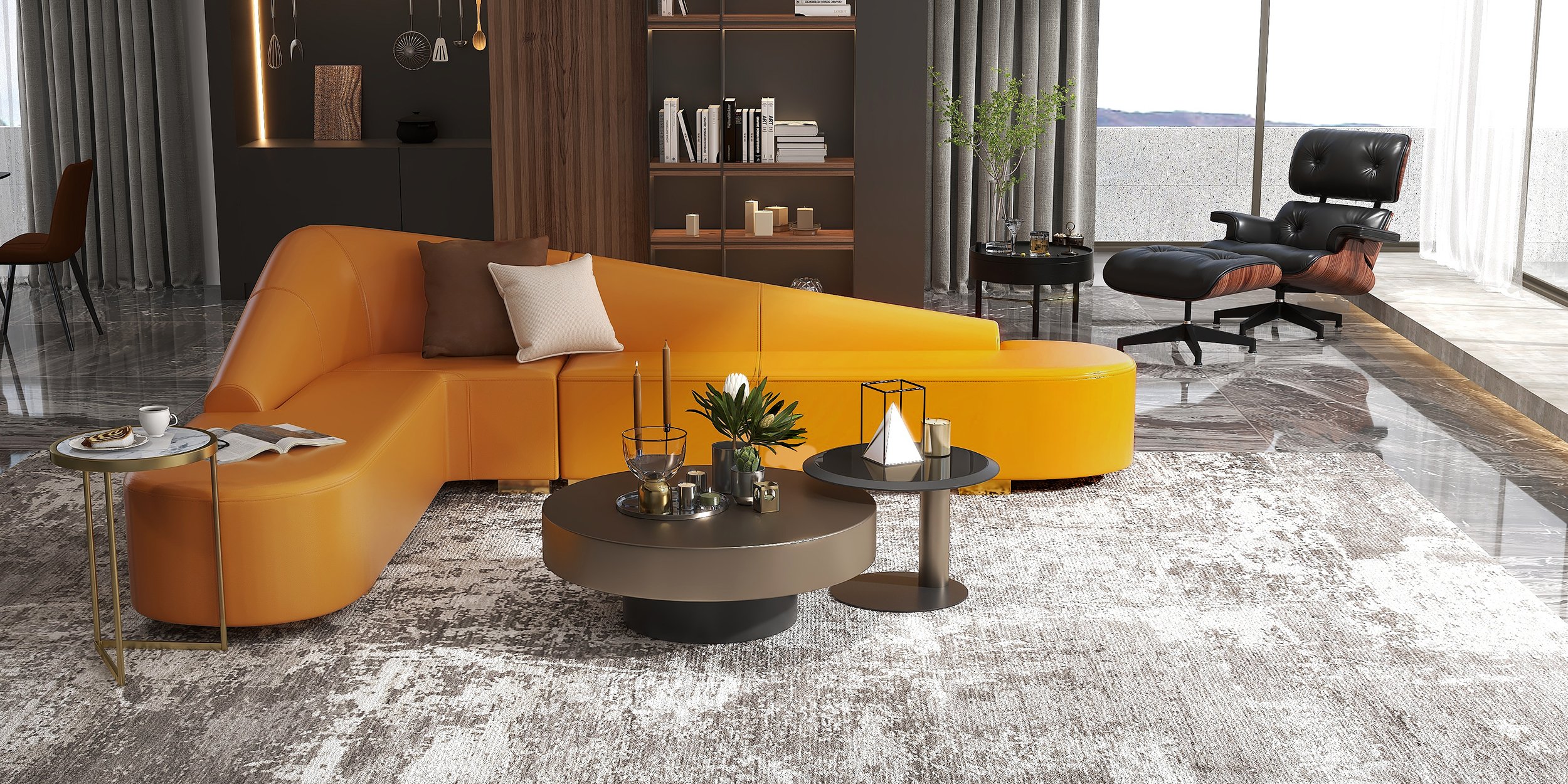 HMR Modern 6-Seater L-Shaped Corner Faux Leather Upholstery Sectional Sofa - Orange