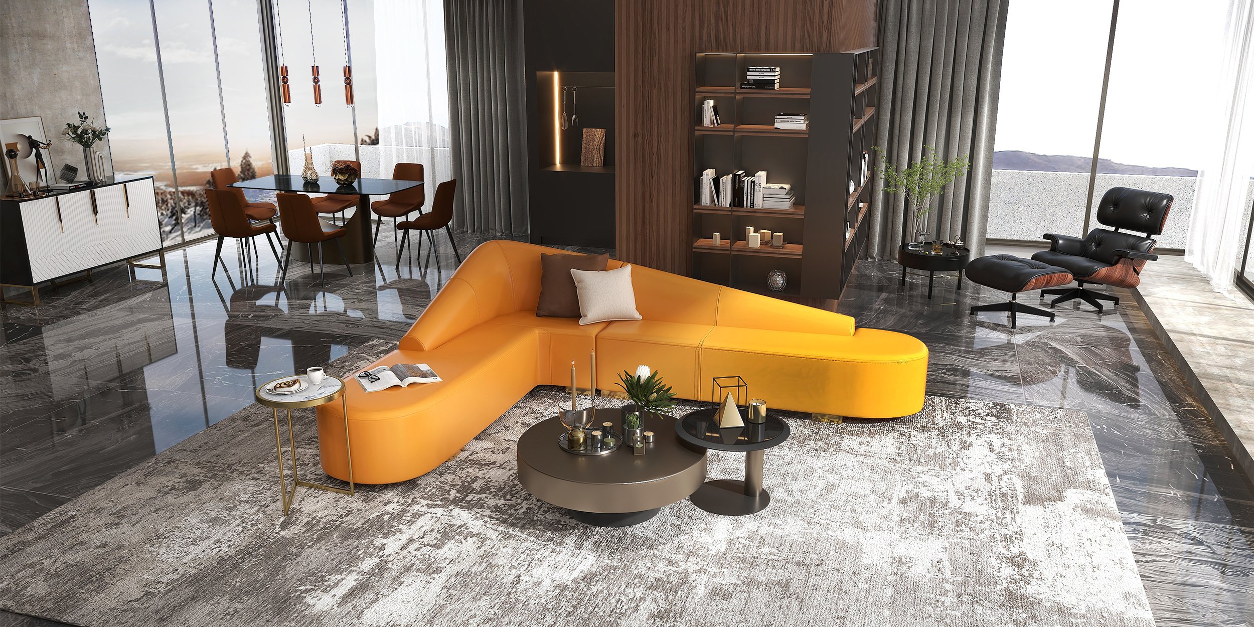 HMR Modern 6-Seater L-Shaped Corner Faux Leather Upholstery Sectional Sofa - Orange