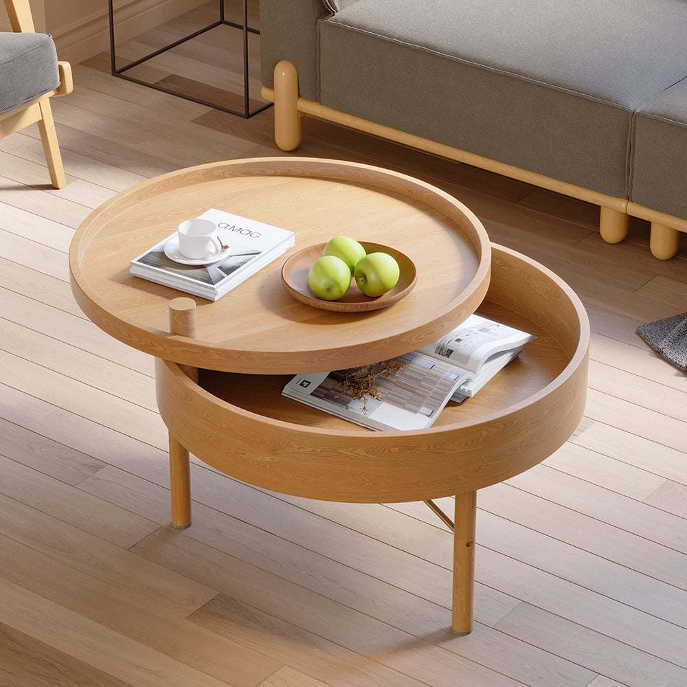HMR Modern Round Wood Rotating Tray Coffee Table with Storage & Metal Legs - Natural