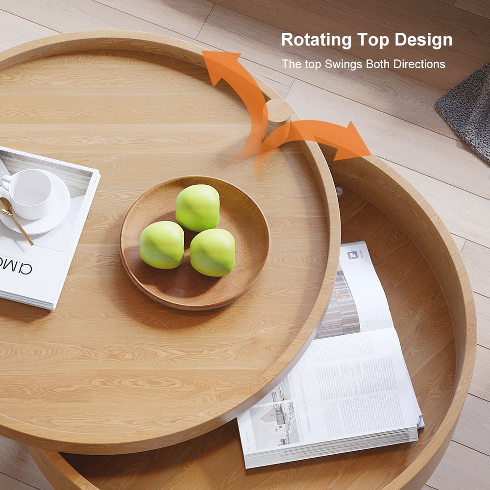 HMR Modern Round Wood Rotating Tray Coffee Table with Storage & Metal Legs - Natural