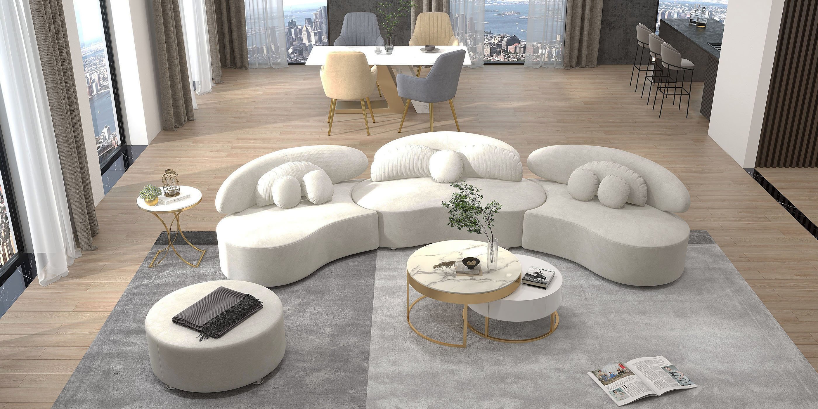 HMR Modern Luxurious Round Side Table - White/Gold, Marble