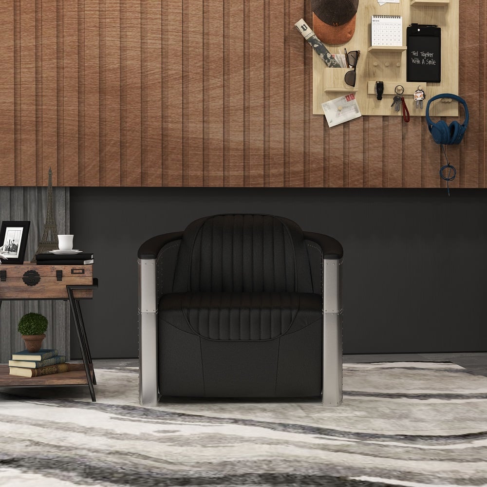 HMR - Zado Series Industrial Loft Barrel Accent Chair with PU Leather Upholstery in Black