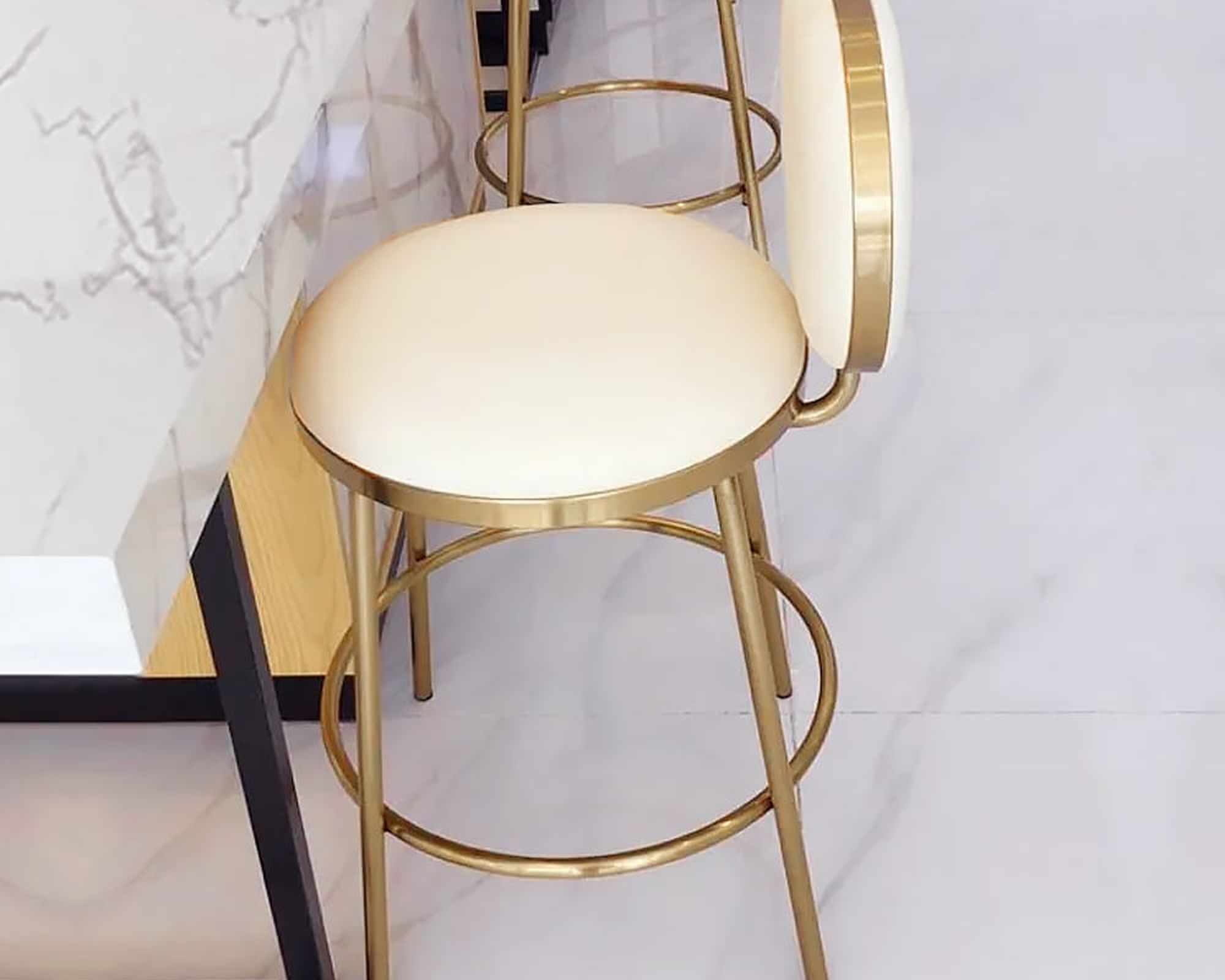 HMR - Modern Upholstery Round Faux Leather Counter Stool with Back in Beige