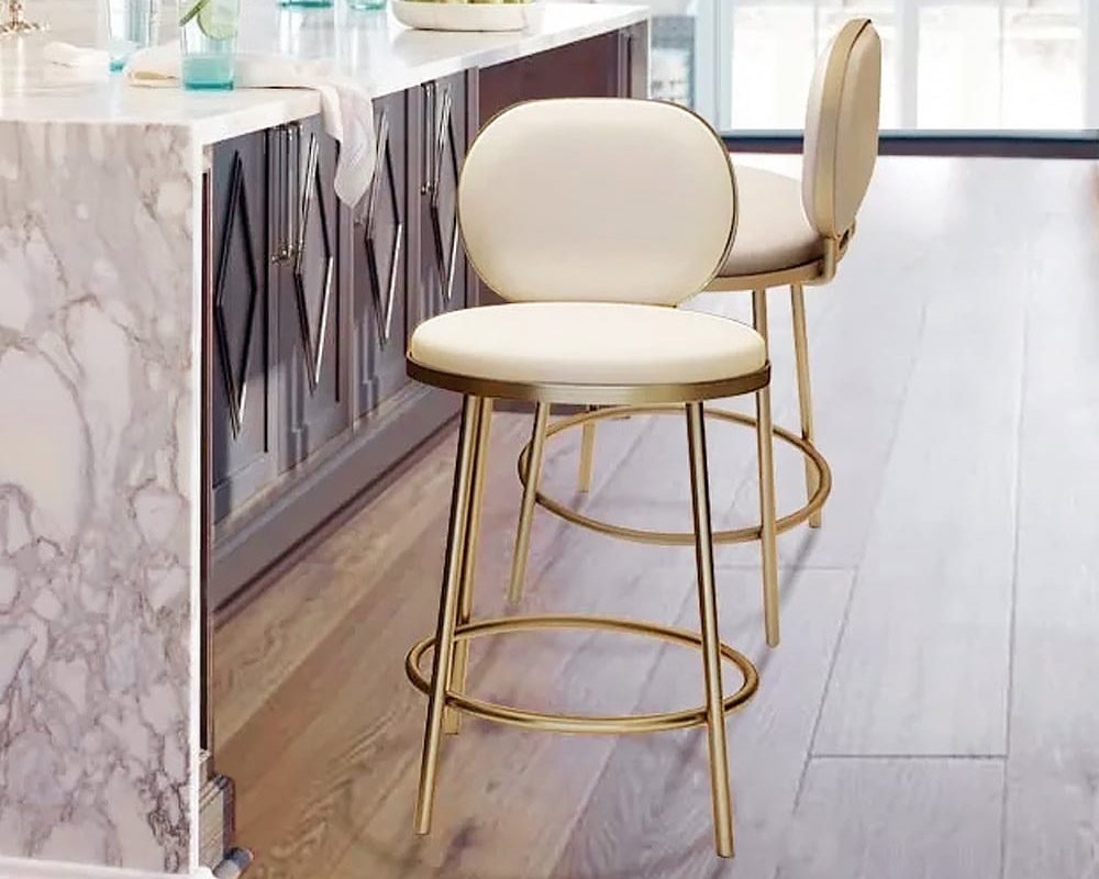 HMR - Modern Upholstery Round Faux Leather Counter Stool with Back in Beige