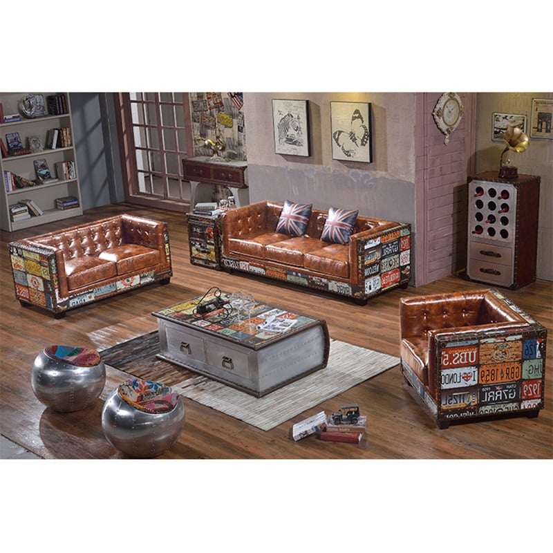 HMR - Industrial Loft 3-Seater Tufted Upholstered Sofa in Brown