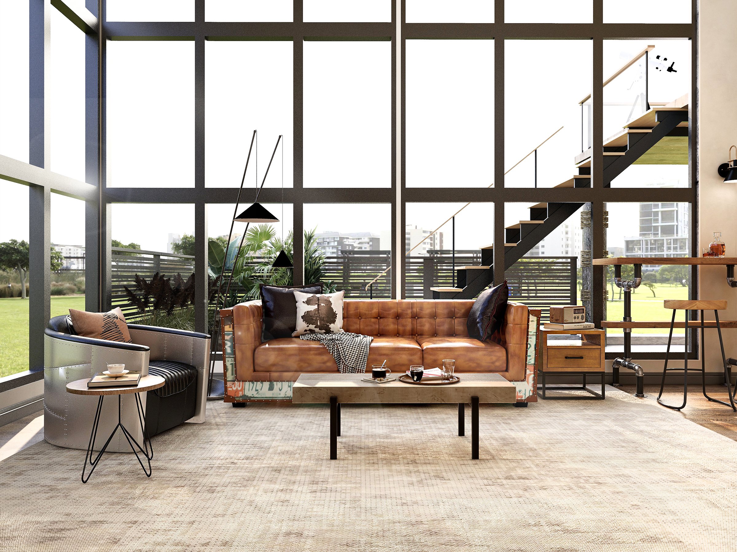 HMR - Industrial Loft 3-Seater Tufted Upholstered Sofa in Brown