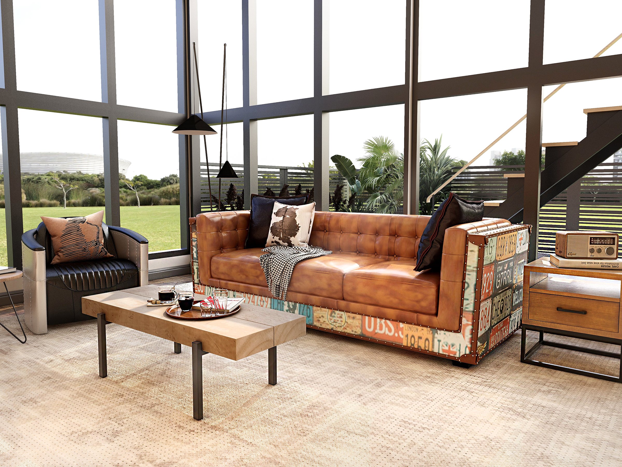 HMR - Industrial Loft 3-Seater Tufted Upholstered Sofa in Brown