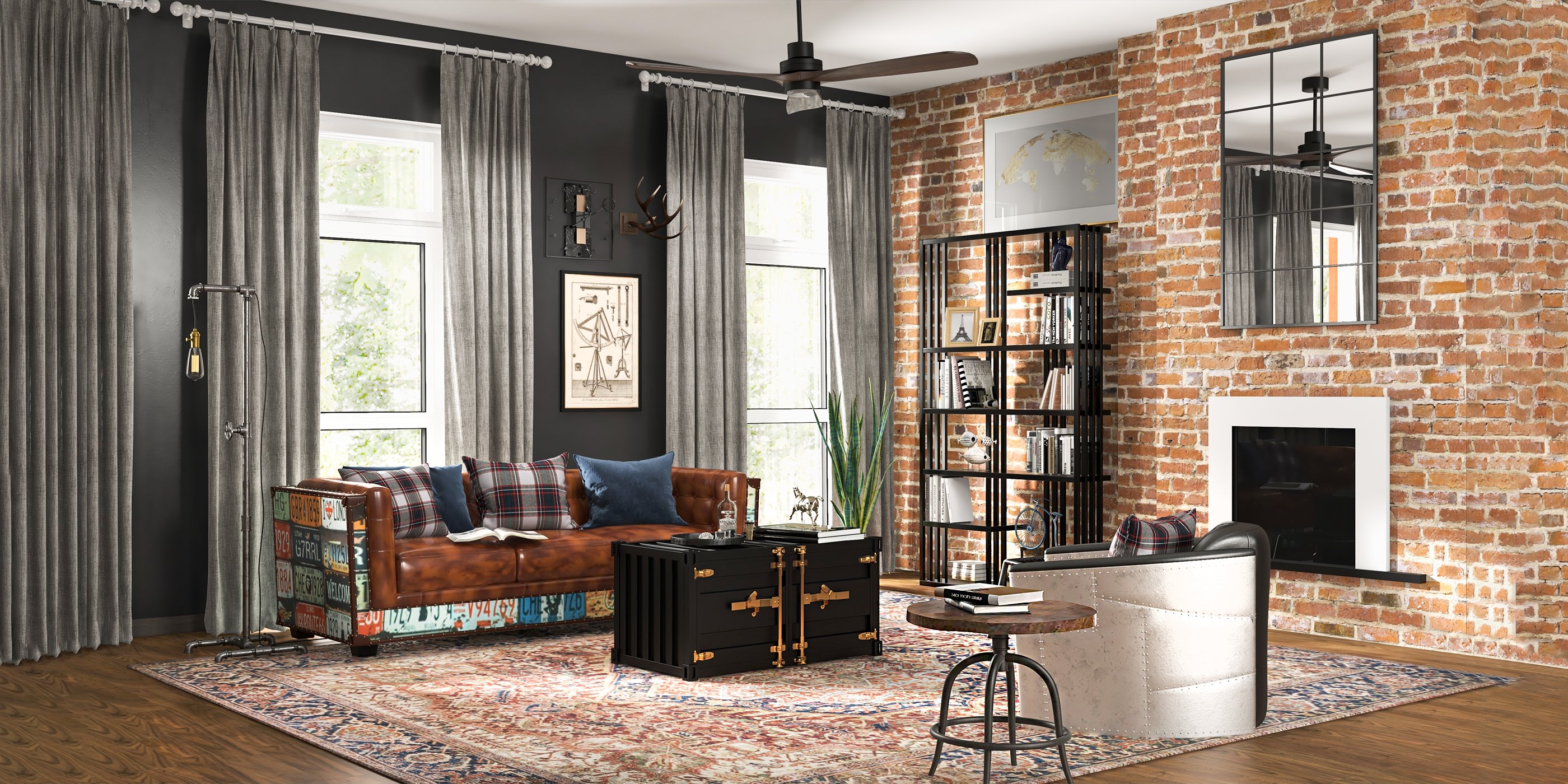 HMR - Industrial Loft 3-Seater Tufted Upholstered Sofa in Brown
