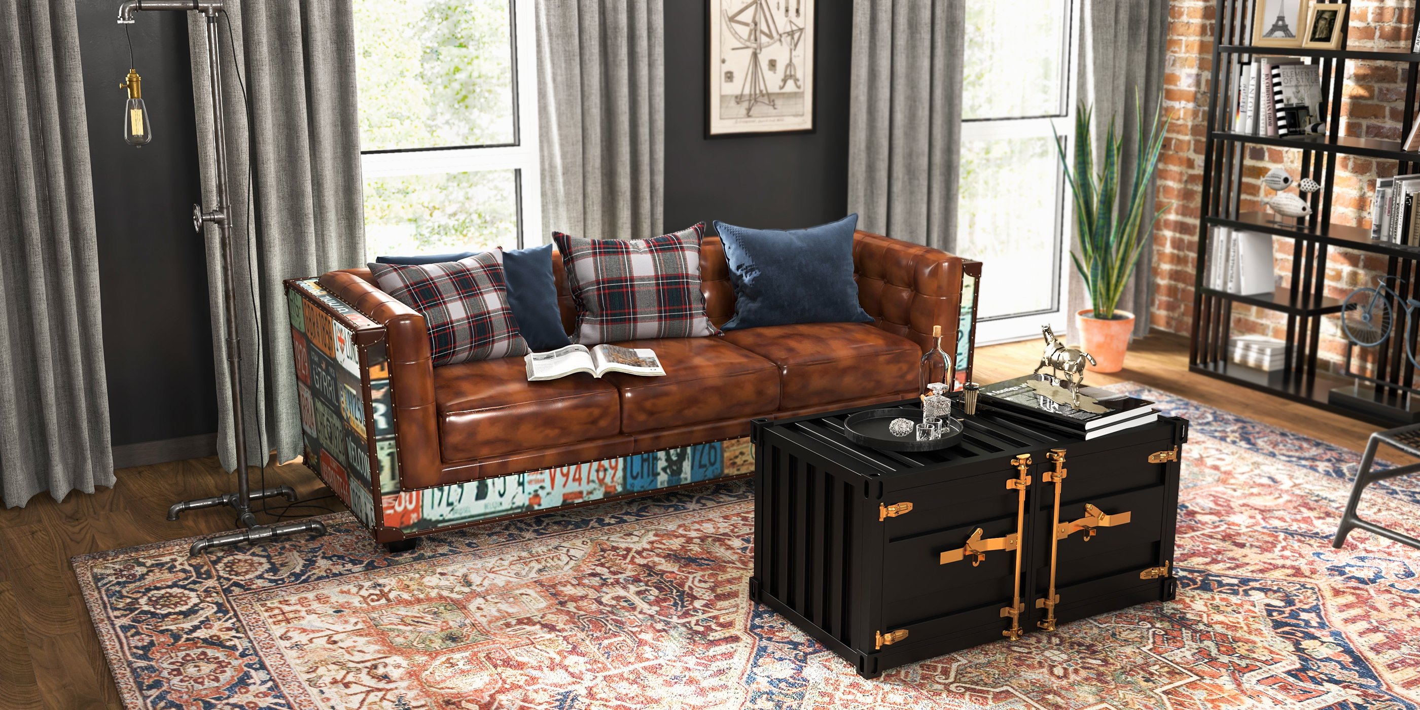 HMR - Industrial Loft 3-Seater Tufted Upholstered Sofa in Brown