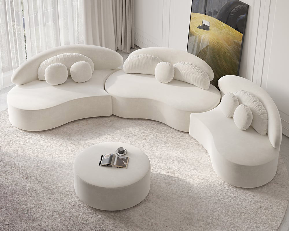 HMR Curved Sectional Sofa with Ottoman & Pillows - Beige, Velvet, 145.7"L x 31.5"W x 30.7"H