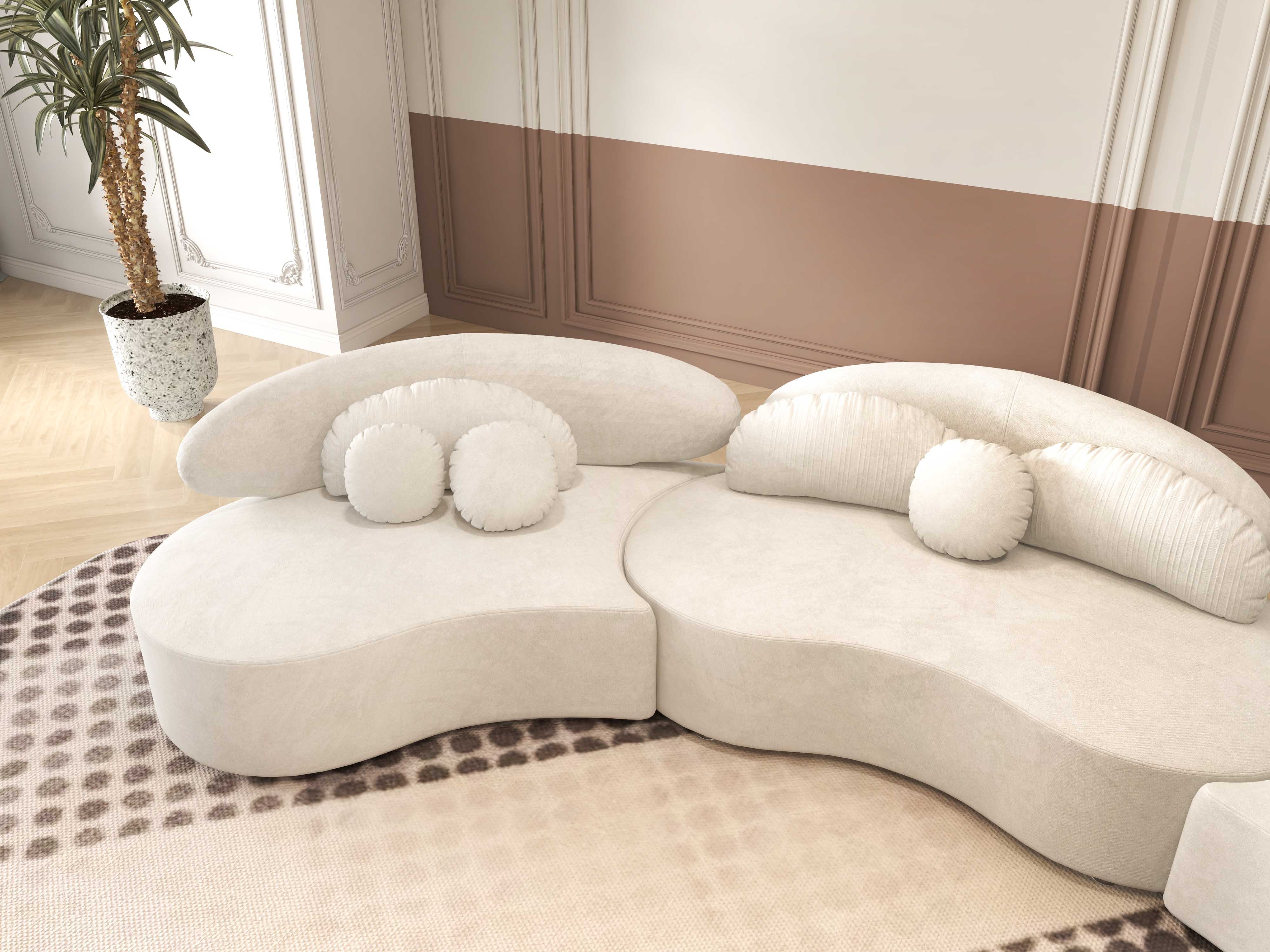 HMR Curved Sectional Sofa with Ottoman & Pillows - Beige, Velvet, 145.7"L x 31.5"W x 30.7"H