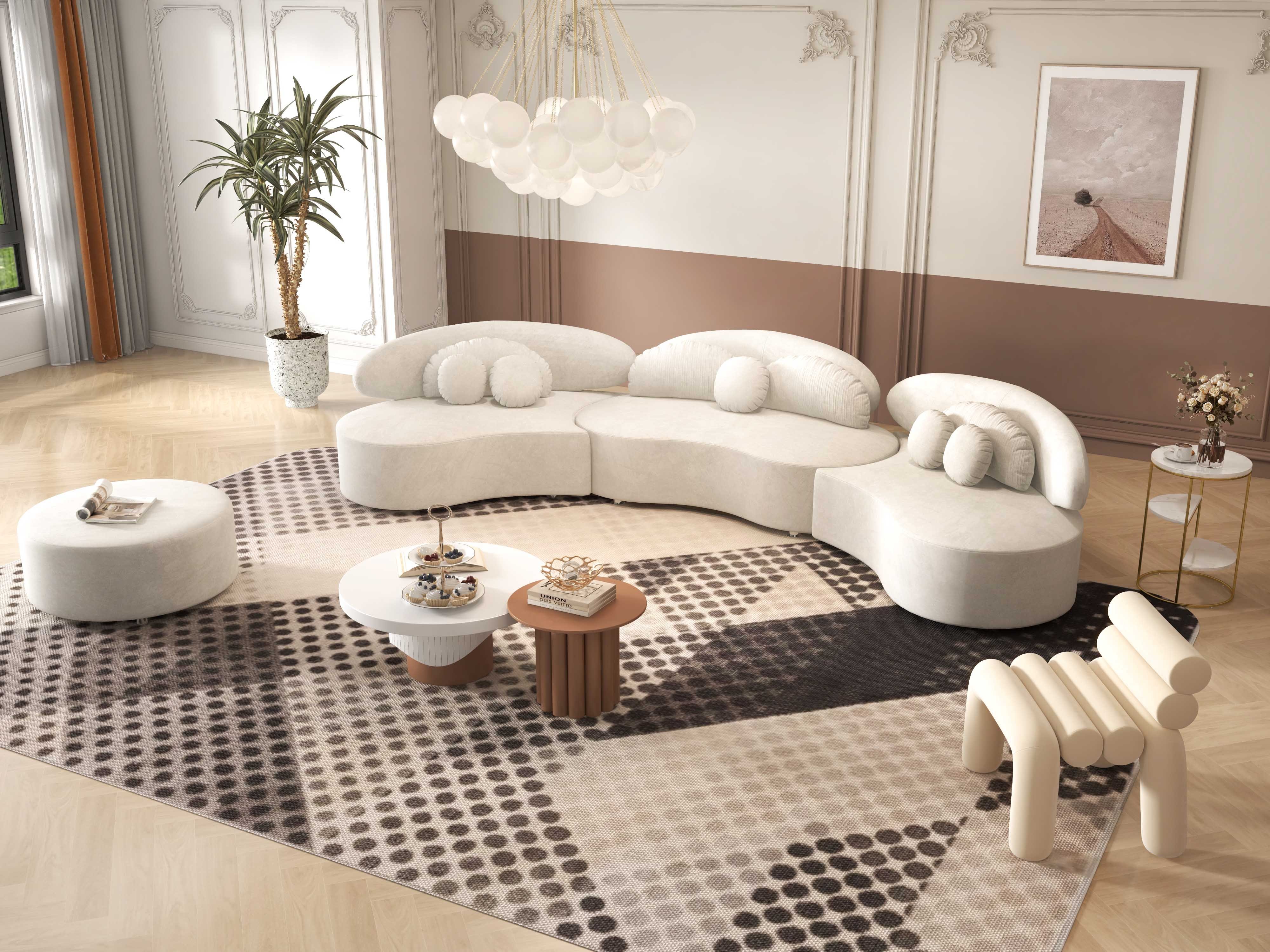HMR Curved Sectional Sofa with Ottoman & Pillows - Beige, Velvet, 145.7"L x 31.5"W x 30.7"H