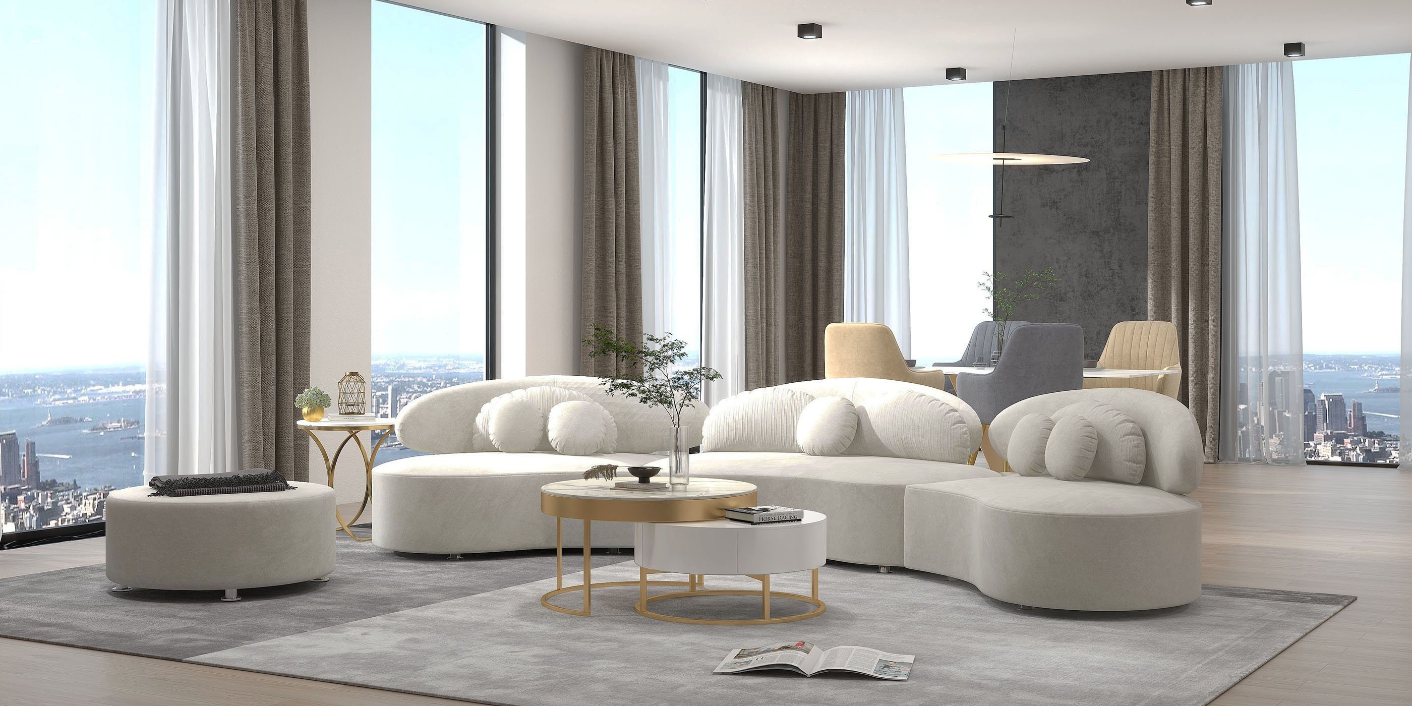 HMR Curved Sectional Sofa with Ottoman & Pillows - Beige, Velvet, 145.7"L x 31.5"W x 30.7"H
