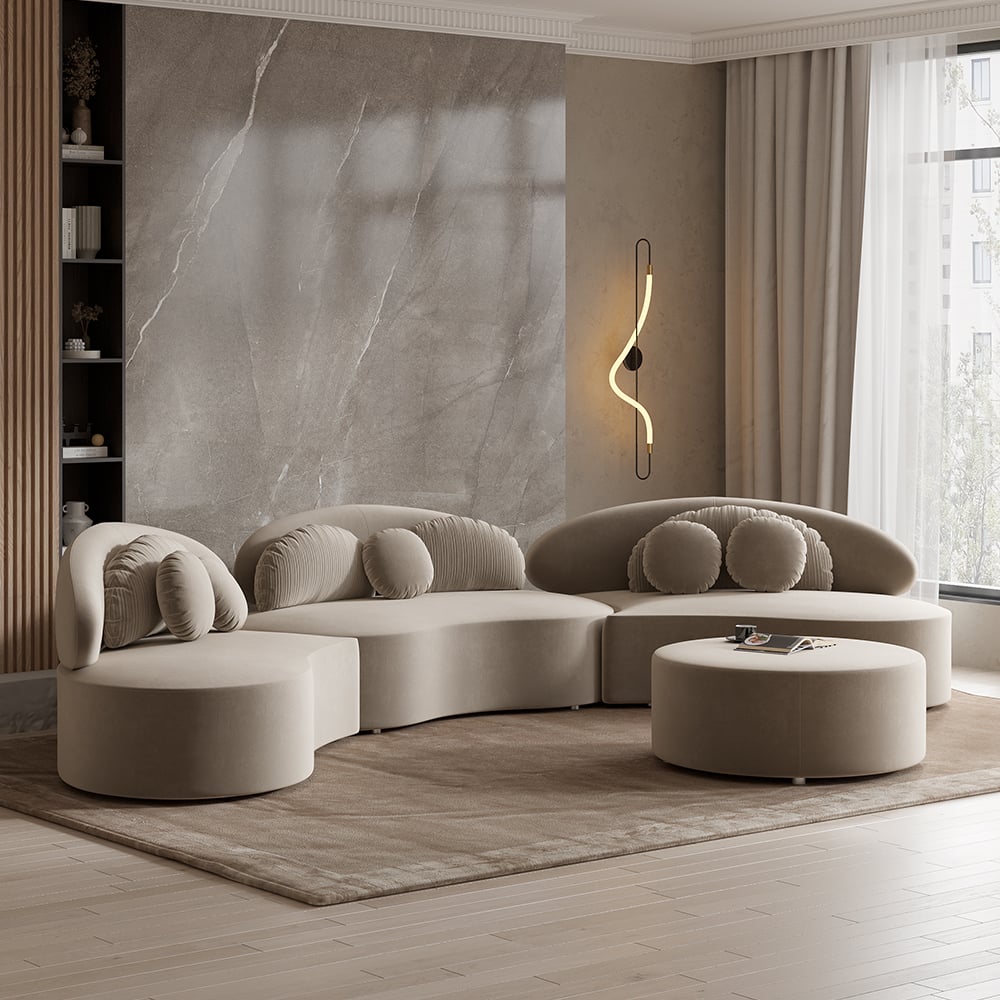 HMR Curved Sectional Sofa with Ottoman & Pillows - Khaki, Velvet, 145.7"L x 31.5"W x 30.7"H