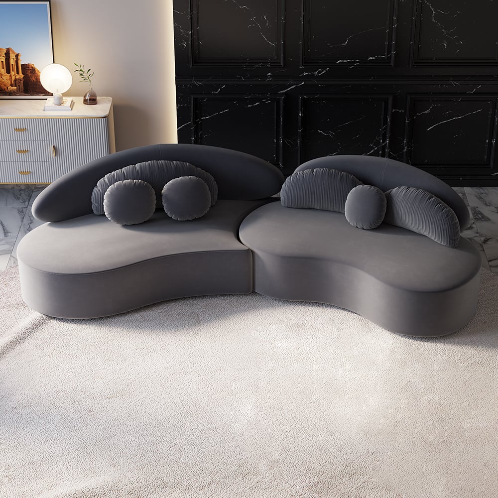 HMR Curved Sectional Sofa with Ottoman & Pillows - Deep Gray, Velvet, 118.5"L x 31.5"W x 29.5"H