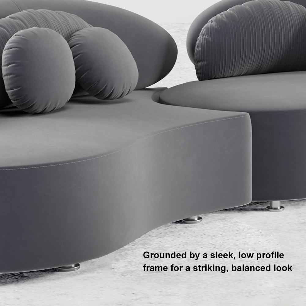 HMR Curved Sectional Sofa with Ottoman & Pillows - Deep Gray, Velvet, 118.5"L x 31.5"W x 29.5"H