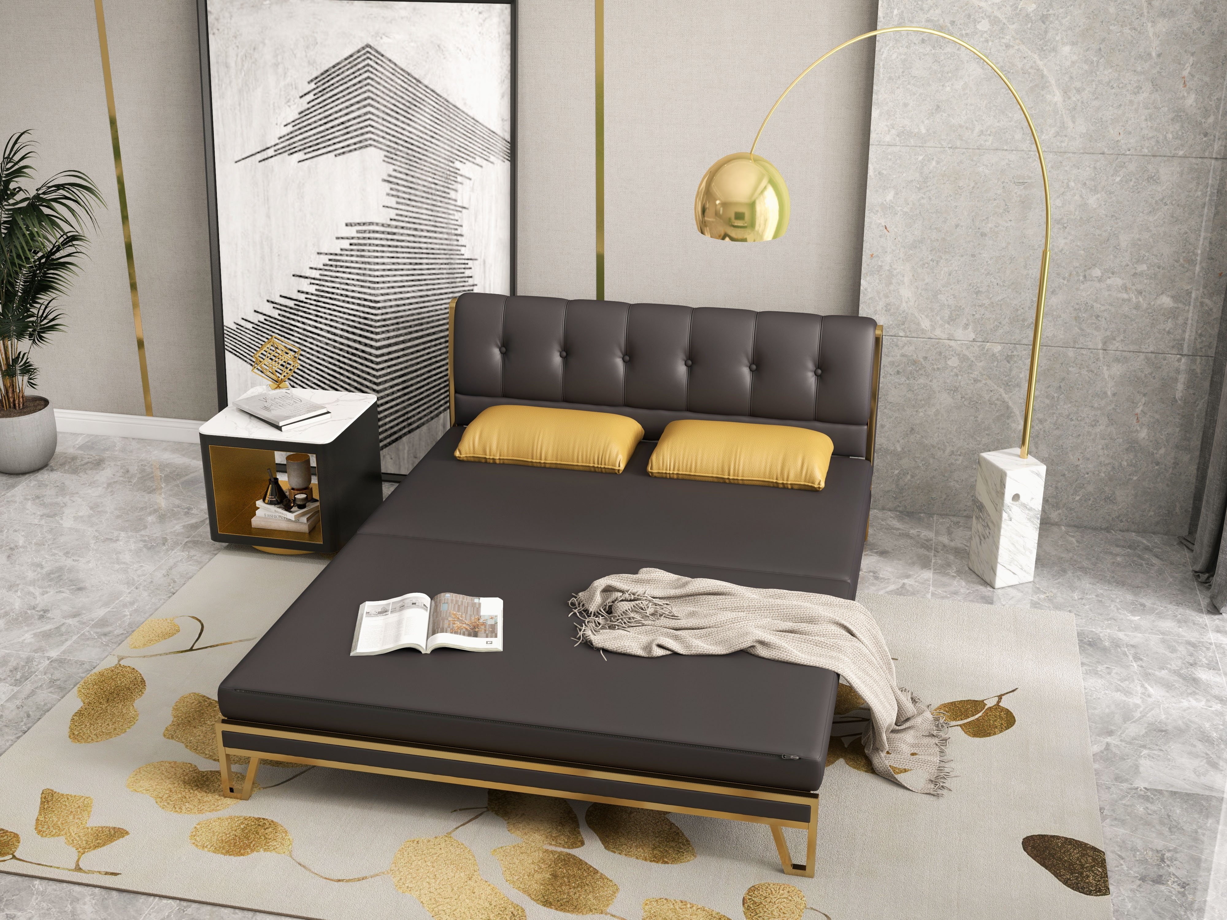 HMR - Convertible Sofa Bed Tufted Faux Leather Upholstery in 59.1"W