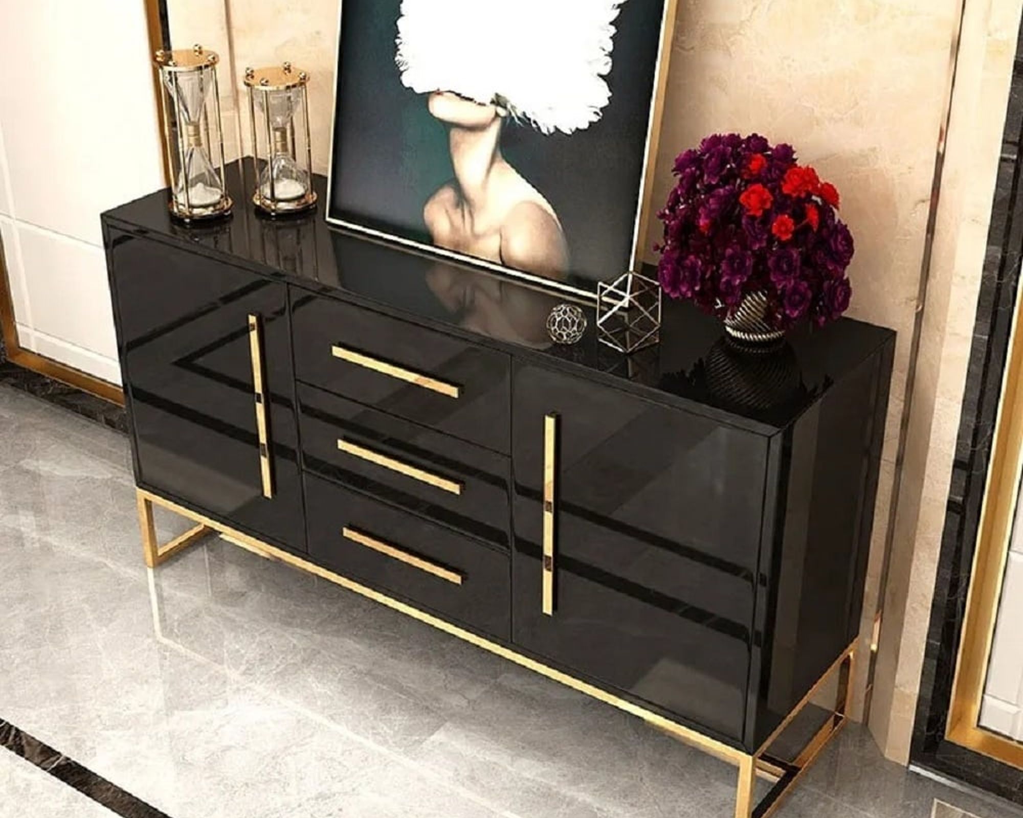HMR Stovf Series Modern 47" Sideboard Buffet with Drawers - Black