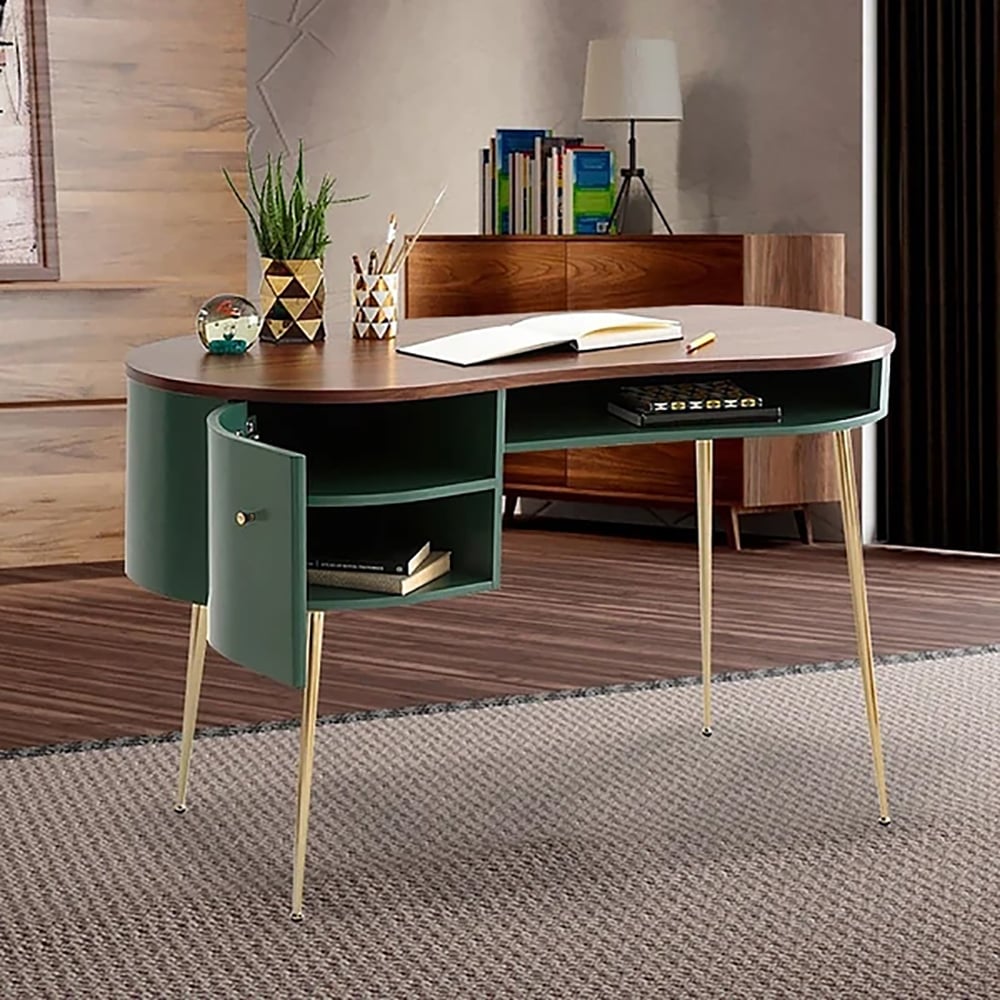 HMR - Curved Office Computer Desk with Shelf and Storage in Green and Gold