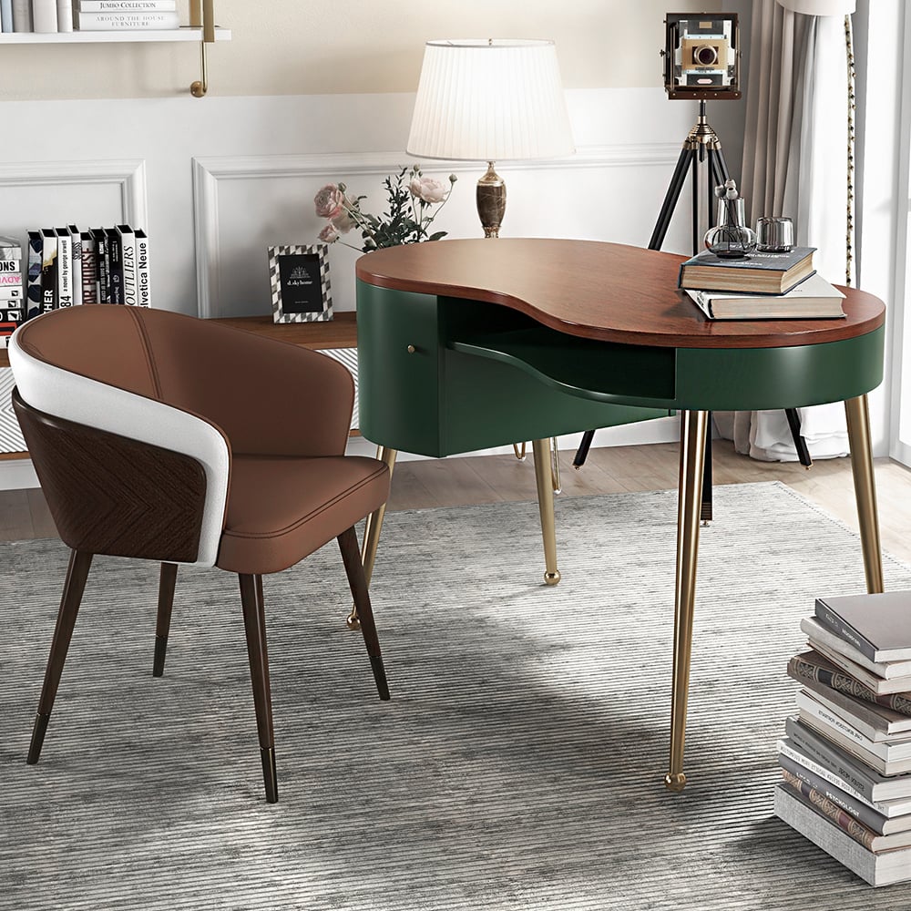 HMR - Curved Office Computer Desk with Shelf and Storage in Green and Gold