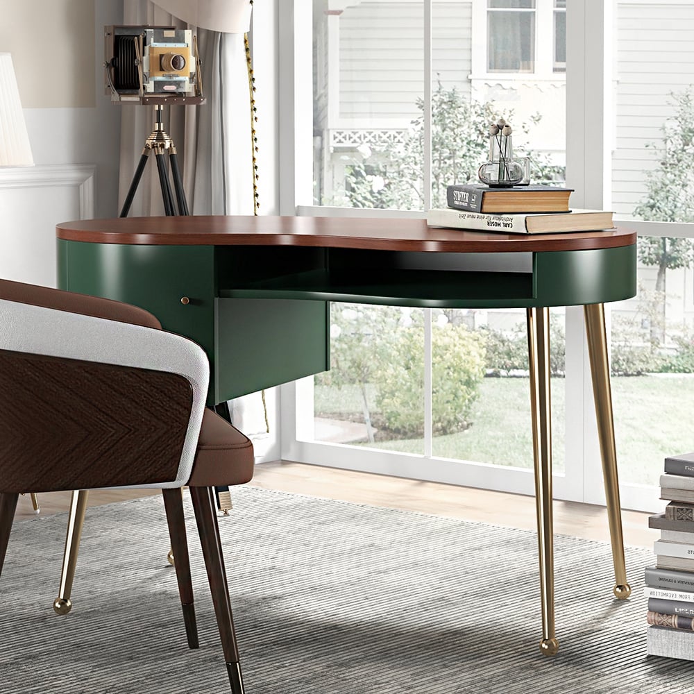 HMR - Curved Office Computer Desk with Shelf and Storage in Green and Gold