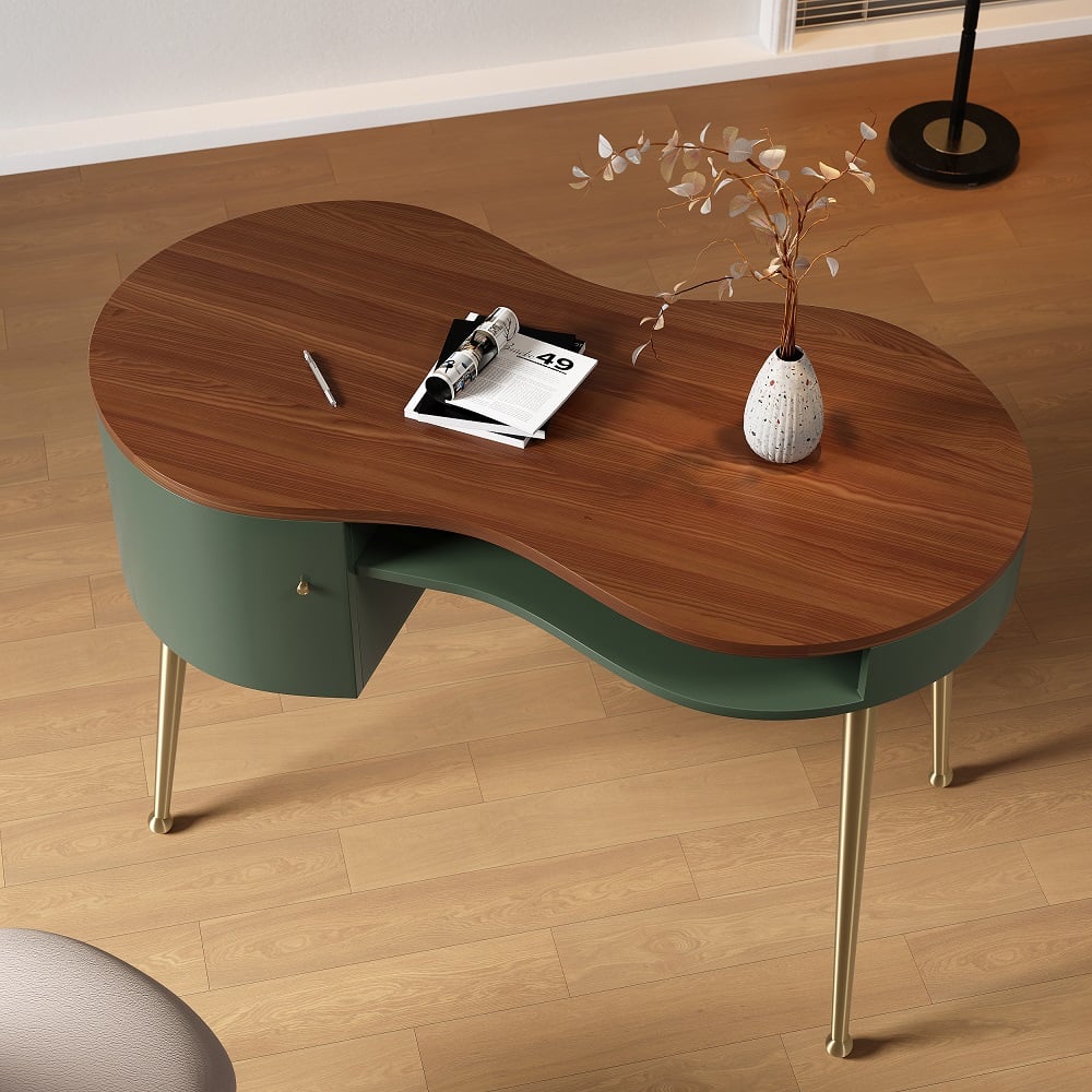 HMR - Curved Office Computer Desk with Shelf and Storage in Green and Gold